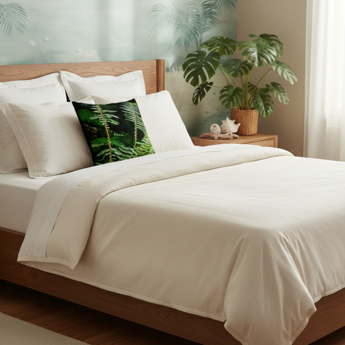 A neatly made bed with white bedding and a decorative green palm-patterned pillow, set in a tropical-themed bedroom with a wooden headboard, nightstand, and potted plant.