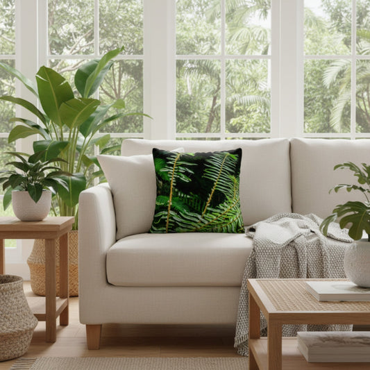 A square throw pillow with a green fern pattern sits on a cream-colored sofa in a bright, modern living room with large windows and potted plants.