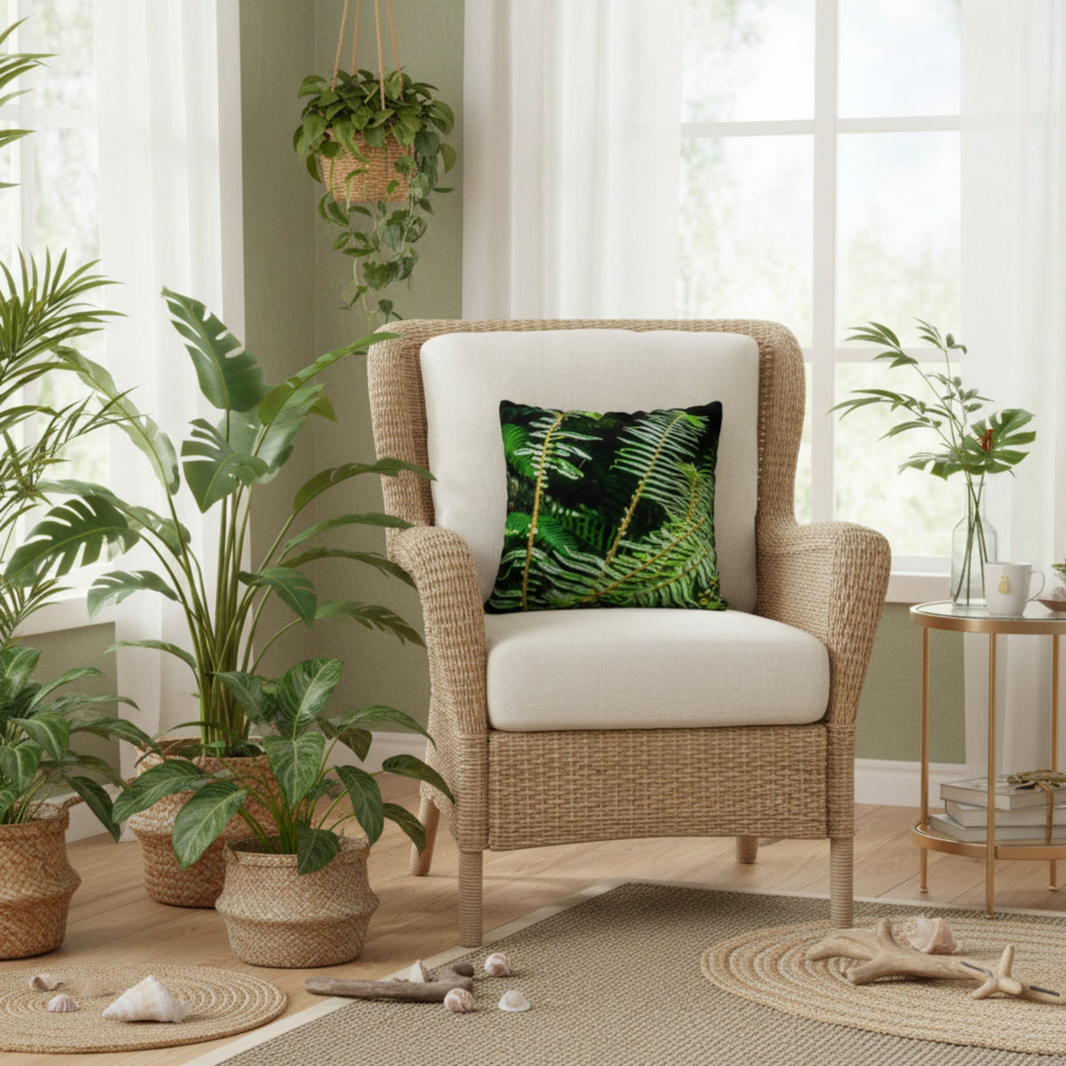 A woven rattan armchair with cream cushions sits in a bright room with potted plants, a hanging plant, a small side table, and a green fern-patterned throw pillow.
