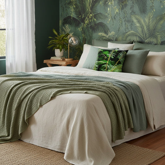 A styled bed in a tropical-themed bedroom featuring a sage green textured throw blanket, cream linen sheets, a green palm-patterned accent pillow, and a dark green wall with matching wallpaper.