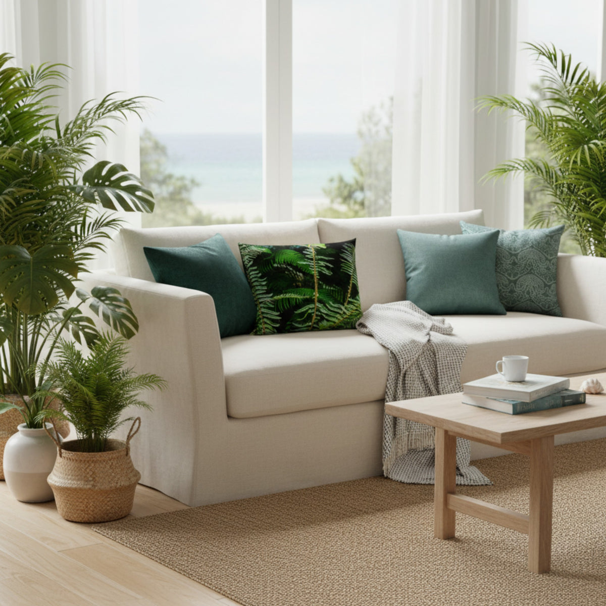 A modern cream-colored sectional sofa styled with teal and green botanical throw pillows, a gray knit throw blanket, and a light wood coffee table in a bright, sunlit living room with potted plants and an ocean view.
