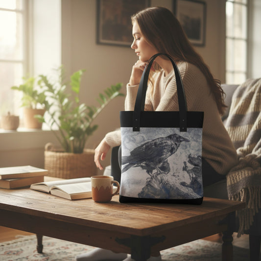Woman sitting on a couch with a tote bag featuring a bird design on a wooden table.