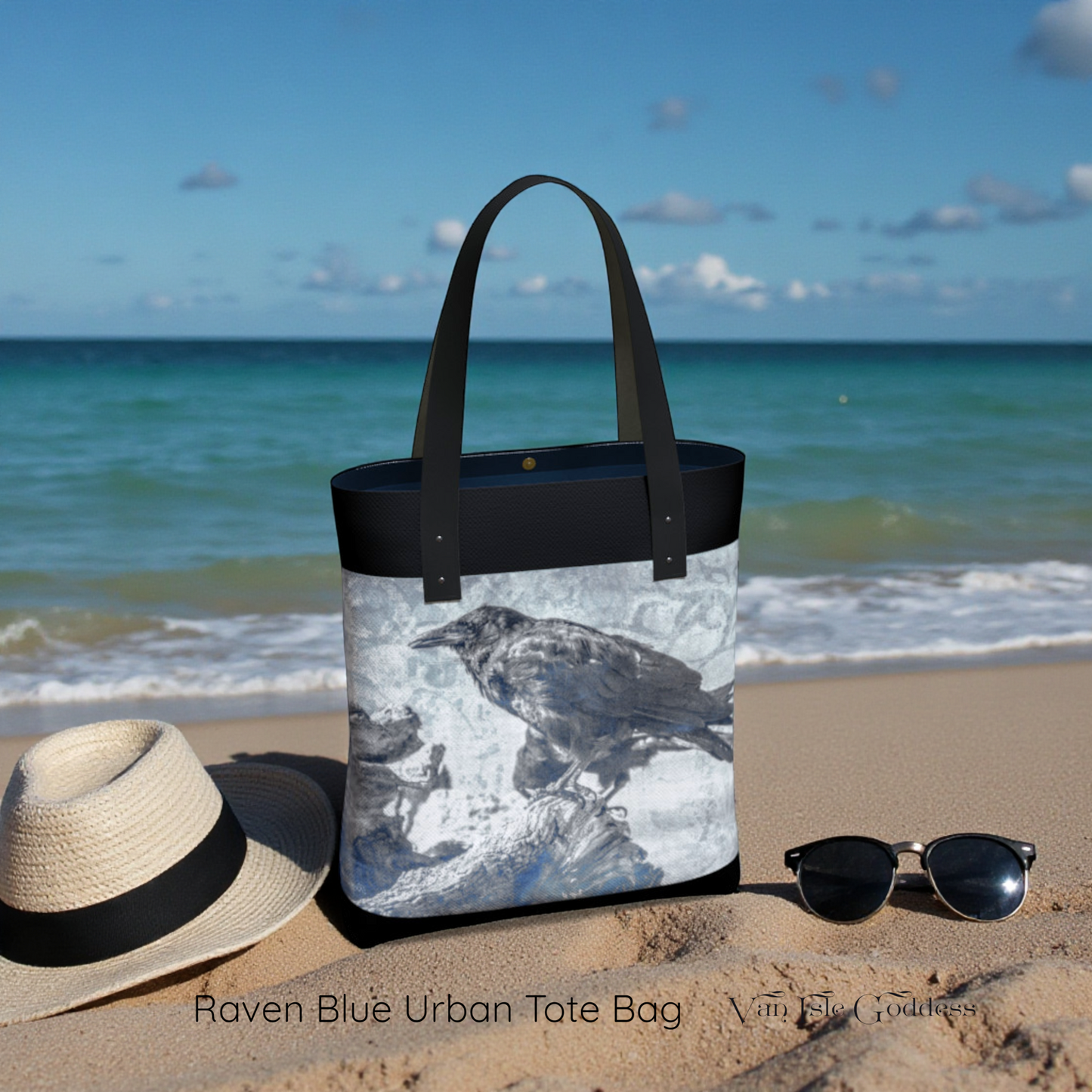Transparent tote bag with a bird design on a beach with a hat and sunglasses.