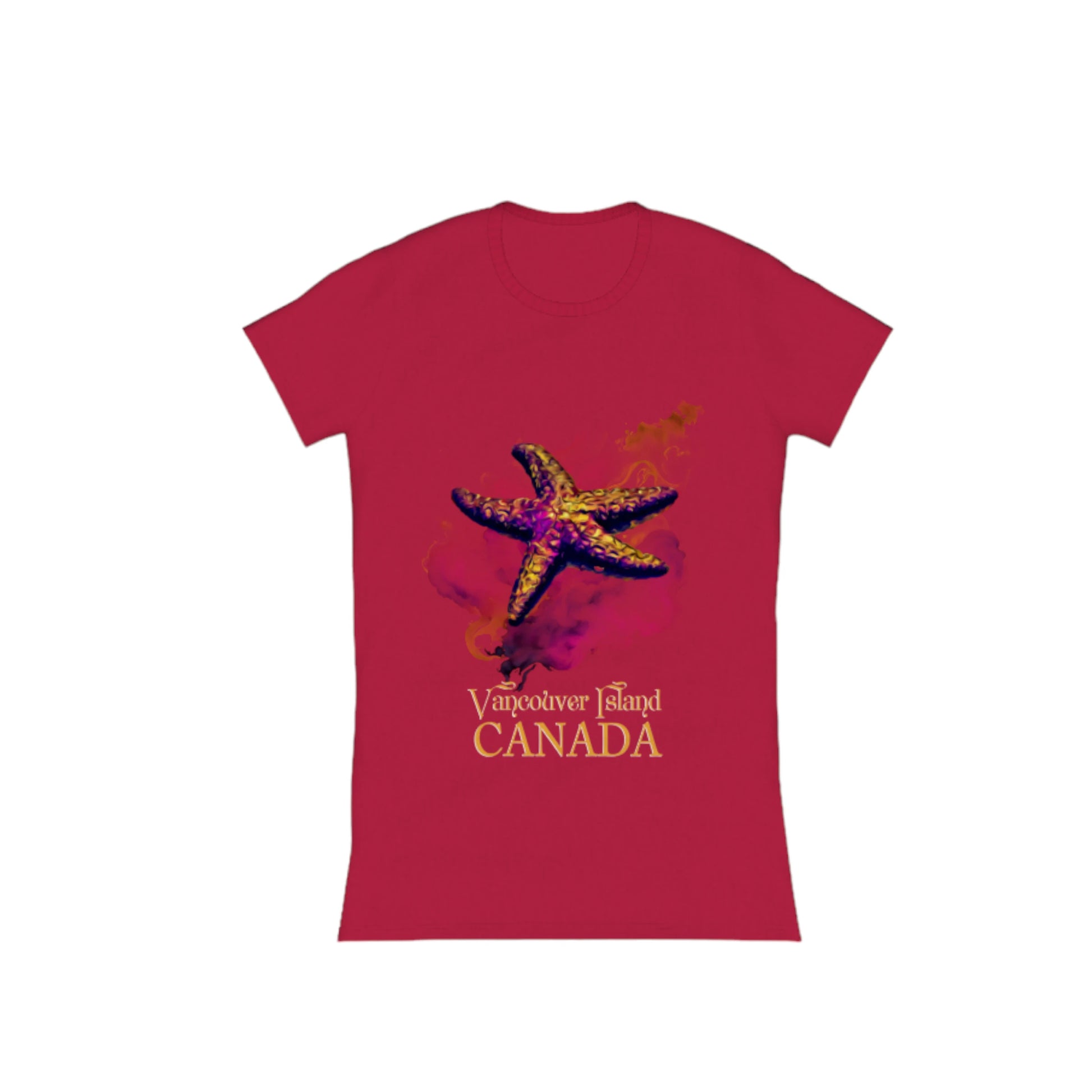 Star Track Vancouver Island Canada Comfort Slim Fit T-shirt. the image on the front of t he shirt is a starfish with a colourful abstract background. the words on the shirt read Vancouver Island Canada