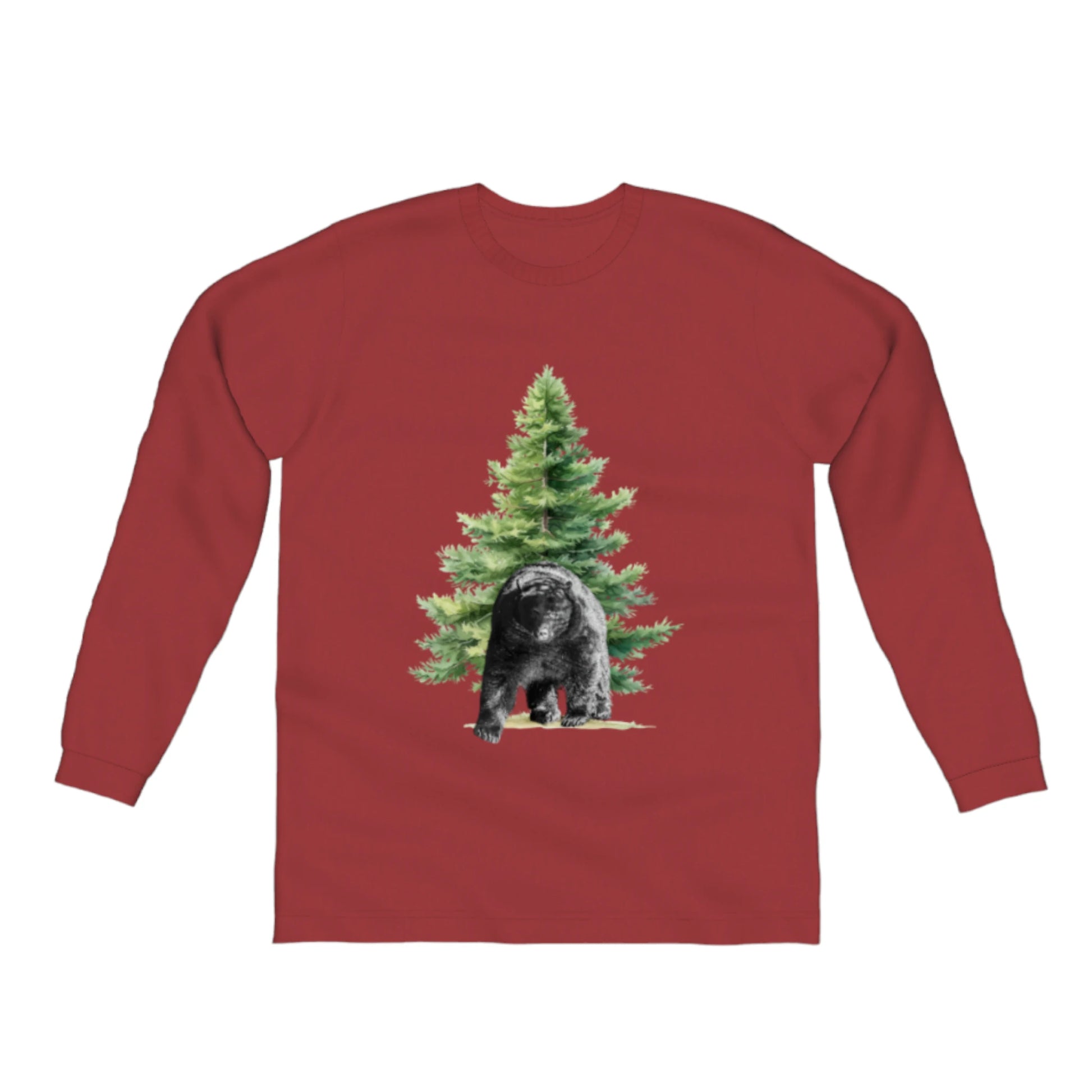 Observant Bear Comfort Long Sleeve Unisex T-shirt. the picture on the front of the shirt is of a bear standing in front of a tree.  by van isle goddess dot com