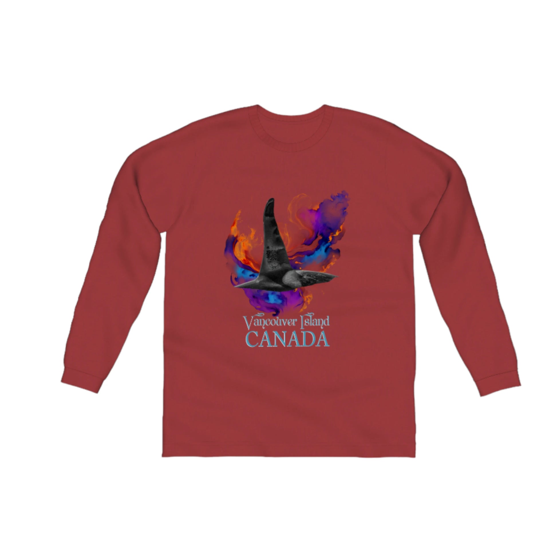 Orca Aura Vancouver Island Canada Comfort Long Sleeve Unisex T-shirt.  the image on the front of the shirt is of a male orca dorsal fin with a colourful abstract background. by van isle goddess dot com