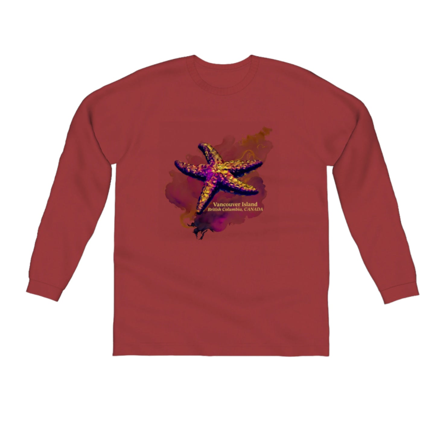 Star Track Vancouver Island BC Canada Comfort Long Sleeve Unisex T-Shirt. The image on the front of the shirt is a starfish on a colourful abstract background. by van isle goddess dot com