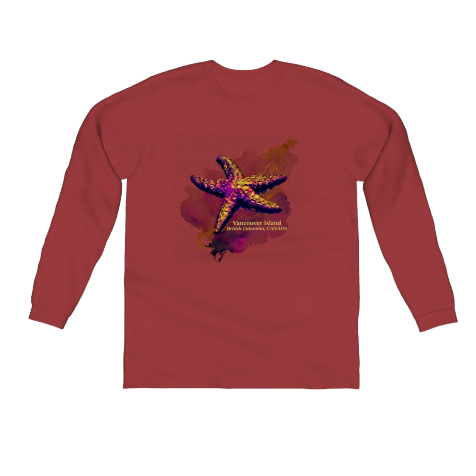 Star Track Vancouver Island BC Canada Comfort Long Sleeve Unisex T-Shirt. The image on the front of the shirt is a starfish on a colourful abstract background. by van isle goddess dot com