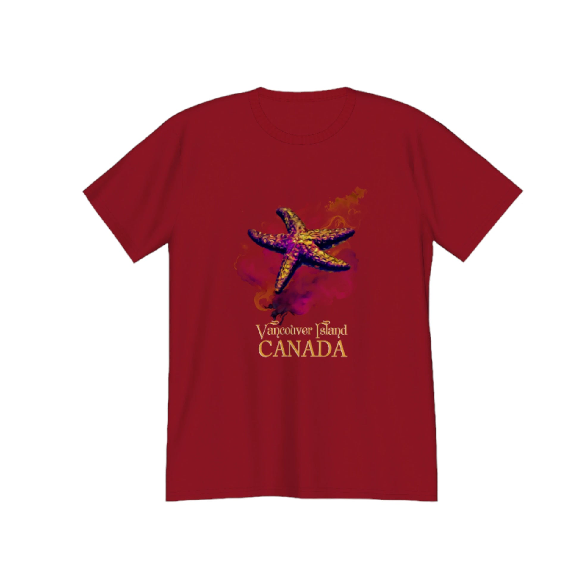 Star Track Vancouver Island Canada Premium unisex t-shirt. the image on the front is of a starfish with colourful abstract background. by van isle goddess dot com