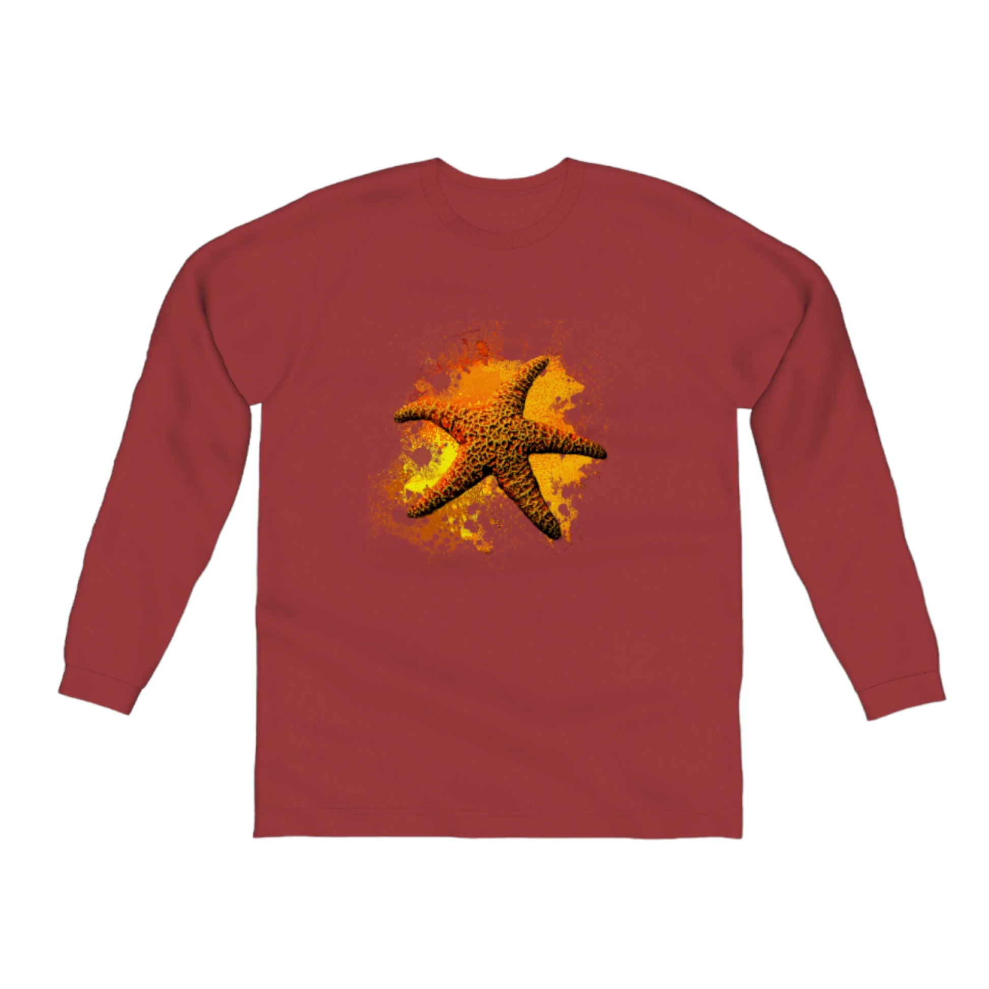 Starfish Orange Comfort Long Sleeve Unisex T-Shirt. The image on the front is of a orange starfish with a colourful abstract of orange, yellow, and red. by van isle goddess dot com