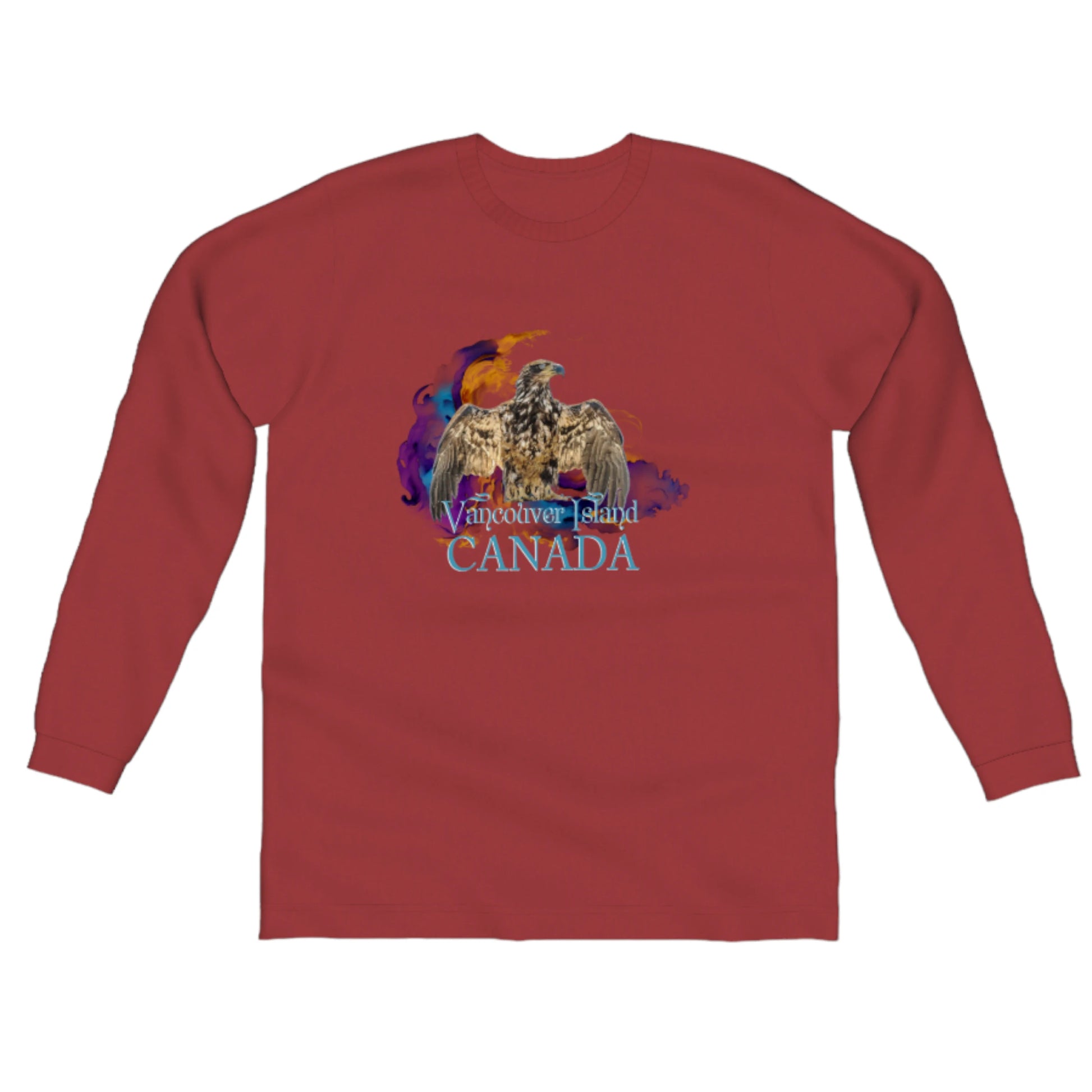 Thunderbird Vancouver Island Canada Comfort Long Sleeve Unisex T-shirt. the image on the front of the shirt is of an eagle in the thunderbird position.  A colorful abstract is behind the eagle. by van isle goddess dot com
