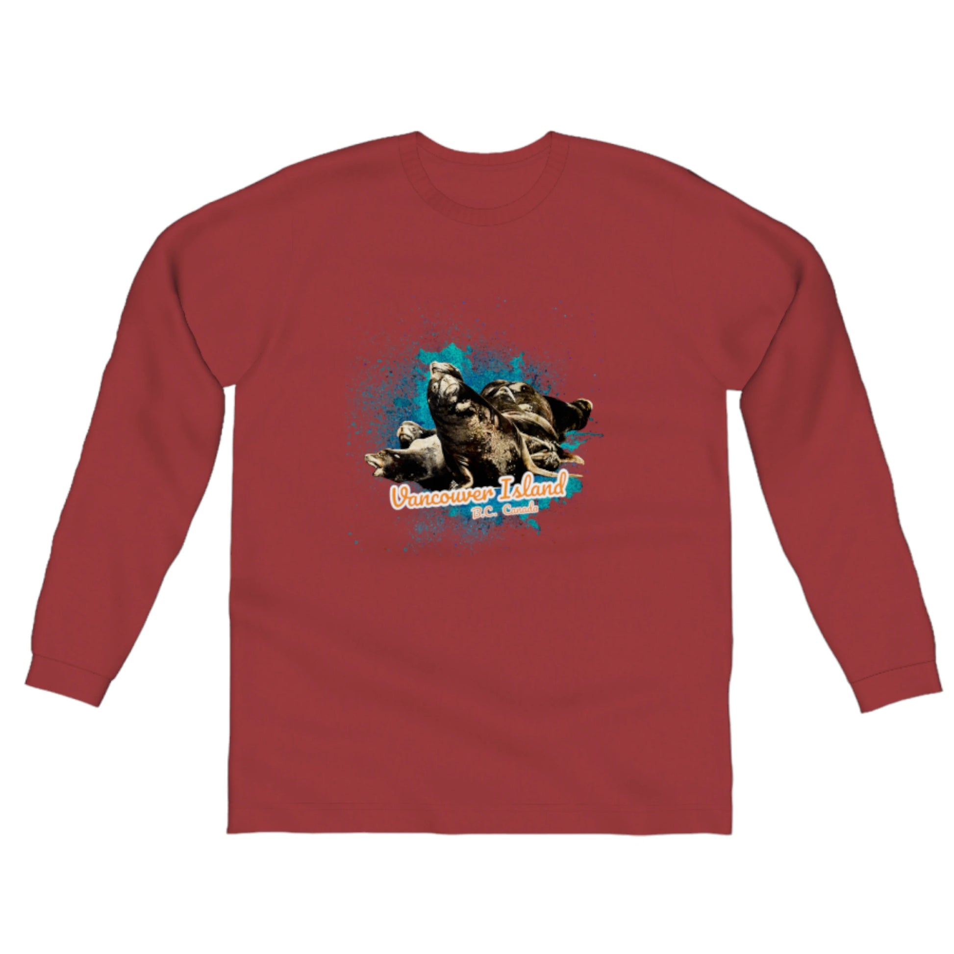 What's Up? Sea Lions Vancouver Island BC Canada Comfort Long Sleeve Unisex T-Shirt. The image on the front of the shirt is of a group of curious sea lions on a log raft. by van isle goddess dot com
