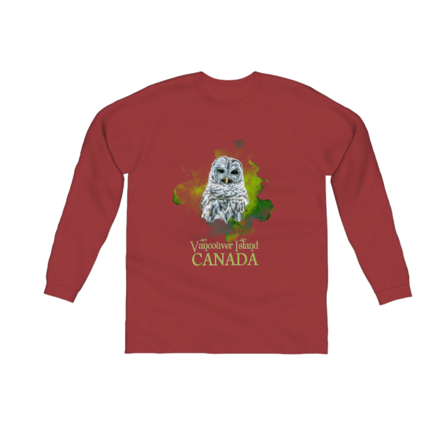 Wise Owl Vancouver Island Canada Comfort Long Sleeve Unisex T-shirt. The image on the front of the shirt is of a barred owl with a green abstract of colours behind it.  the words on the t shirt read Vancouver Island Canada in green.  by van isle goddess dot com