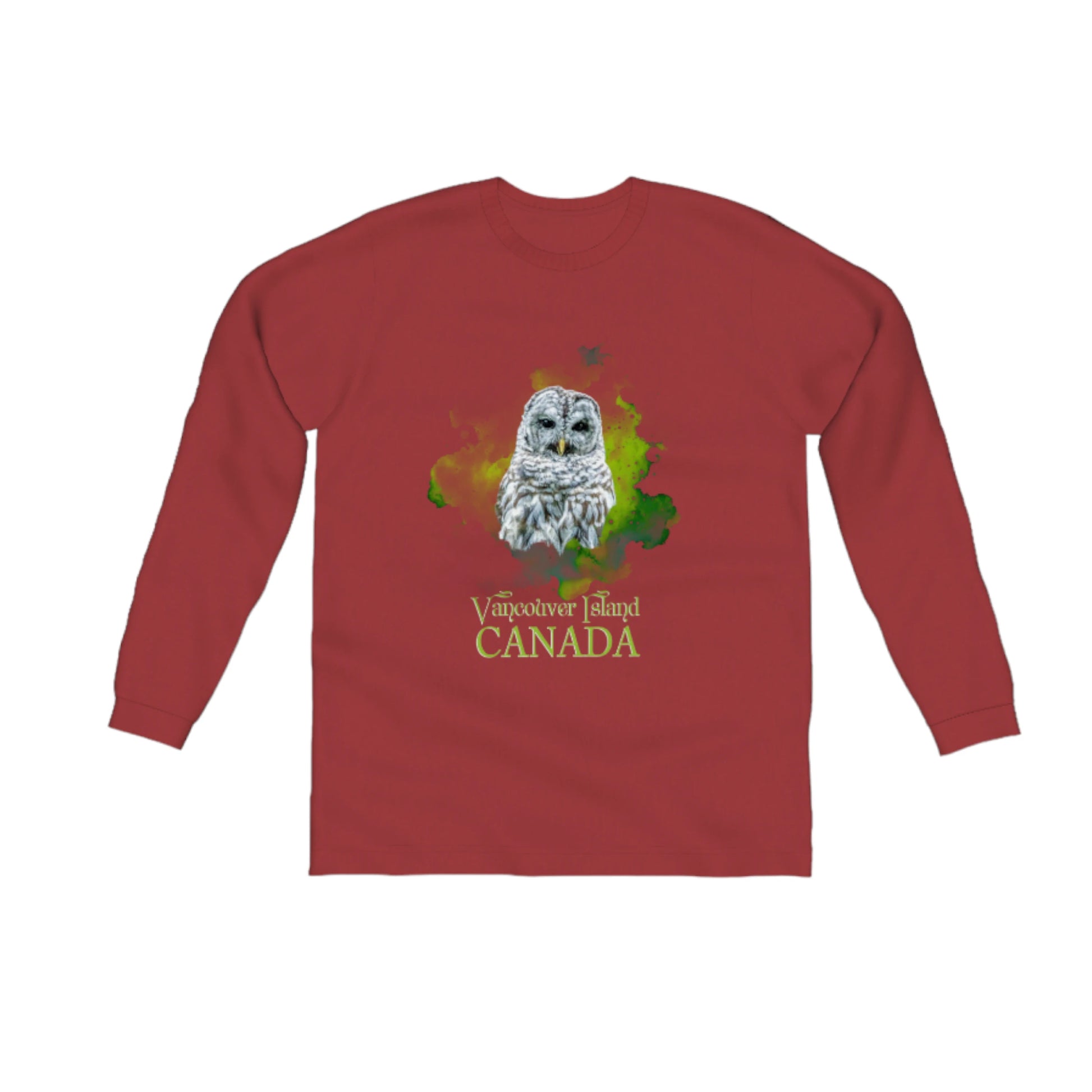 Wise Owl Vancouver Island Canada Comfort Long Sleeve Unisex T-shirt. The image on the front of the shirt is of a barred owl with a green abstract of colours behind it.  the words on the t shirt read Vancouver Island Canada in green.  by van isle goddess dot com