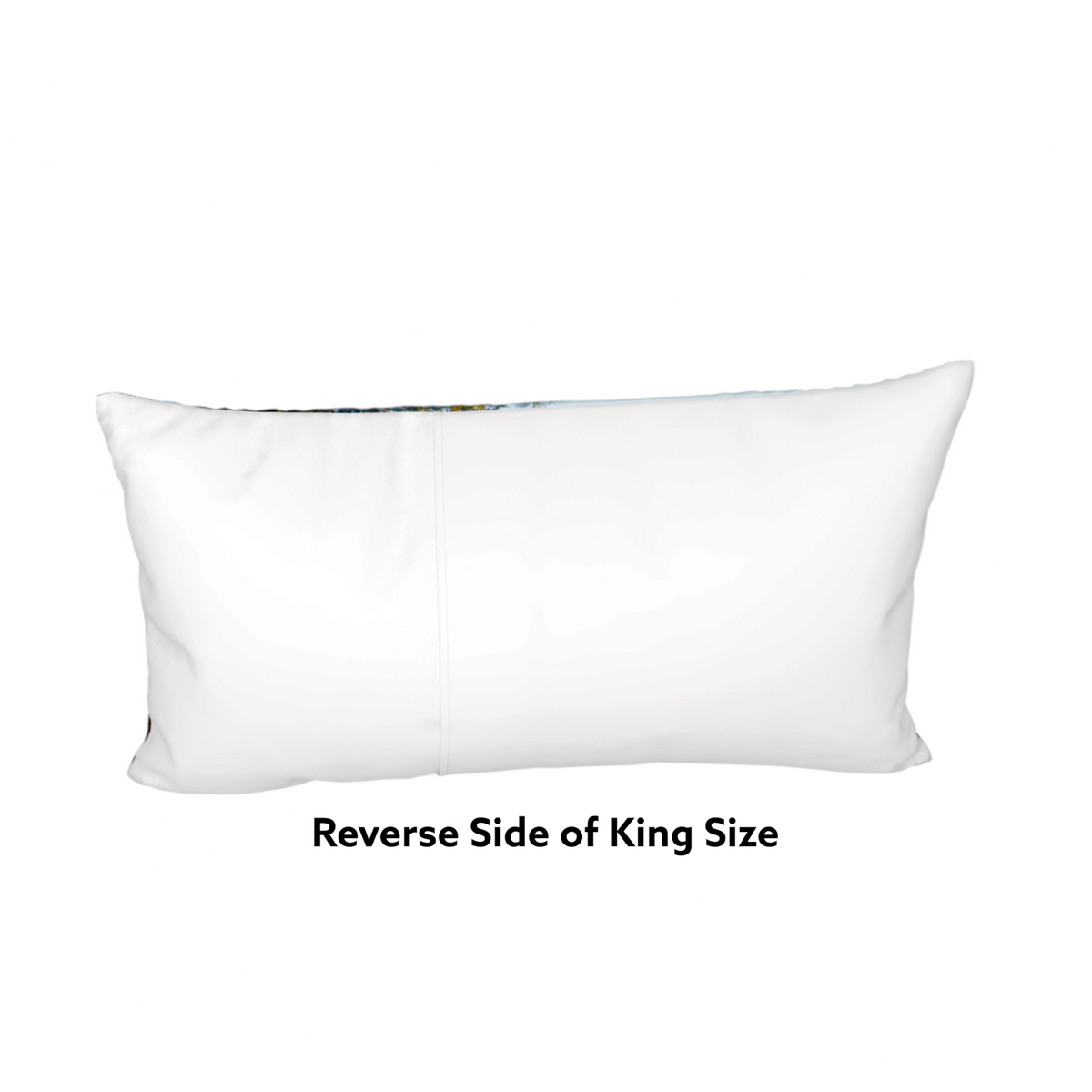 A white rectangular lumbar pillow shown from the reverse side, with a faint multicolor pattern visible along the top edge and the text 'Reverse Side of King Size' below.