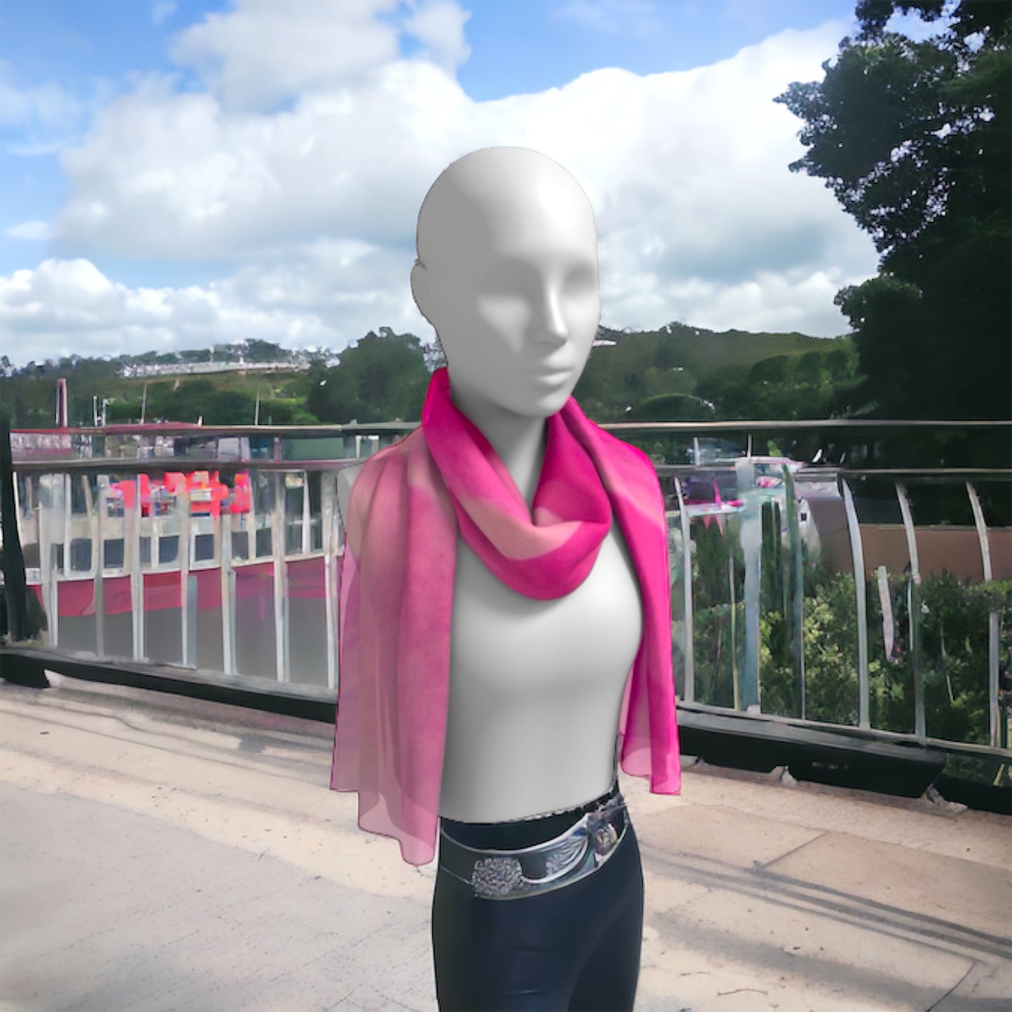 Rose Petal Kiss long scarf shown worn around the neck