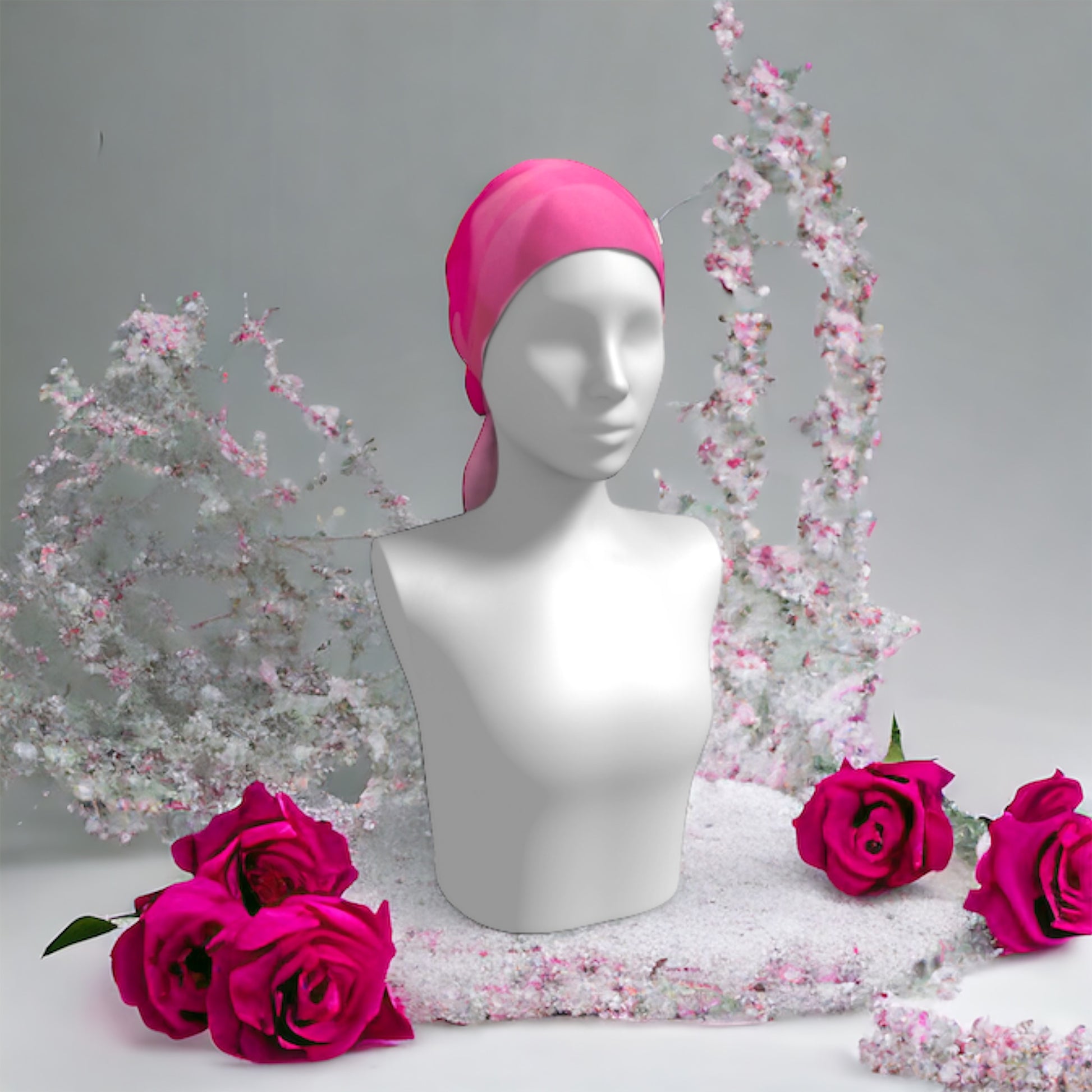 Rose Petal Kiss long scarf shown worn as a head wrap.