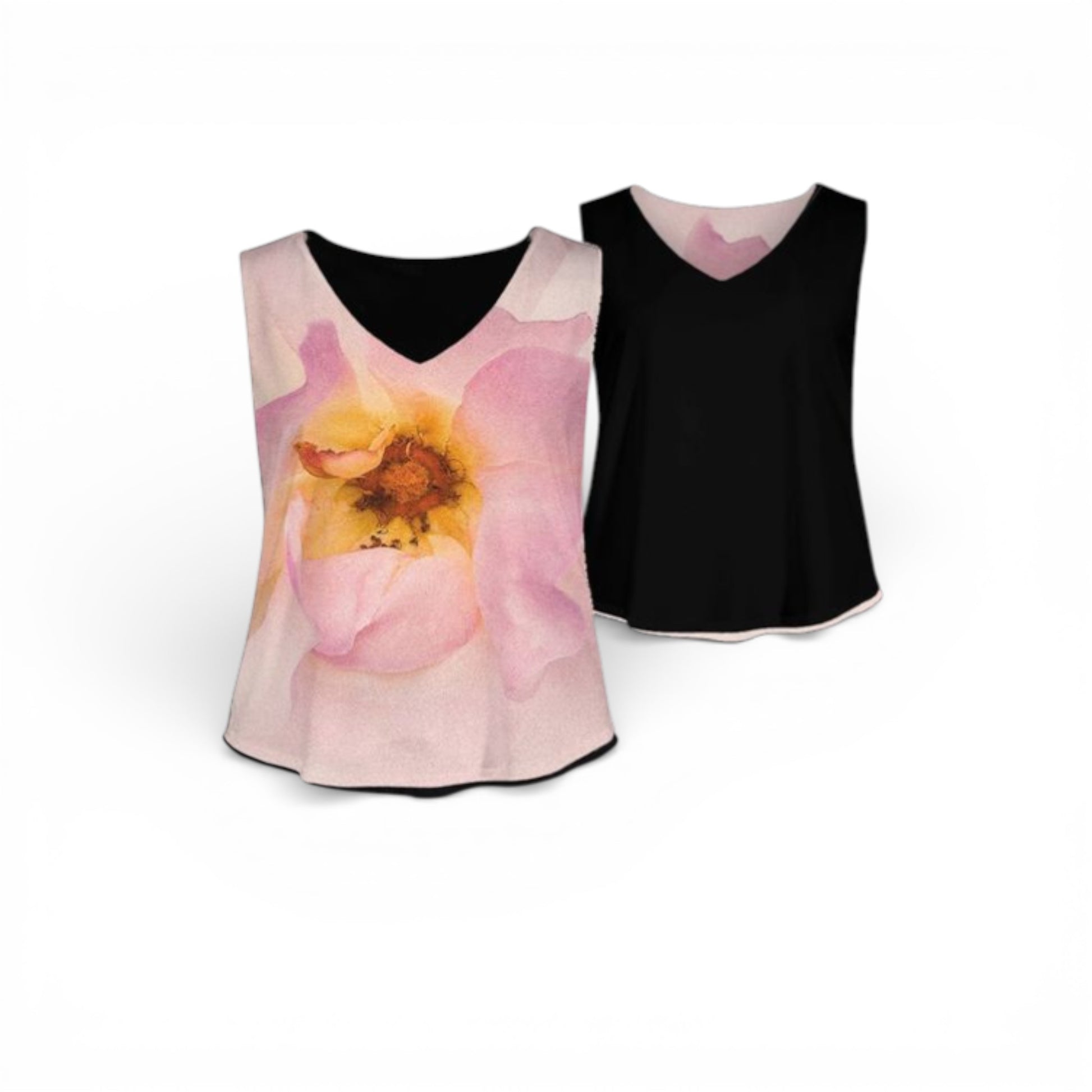Two tank tops, one with a floral design and one black, on a white background.