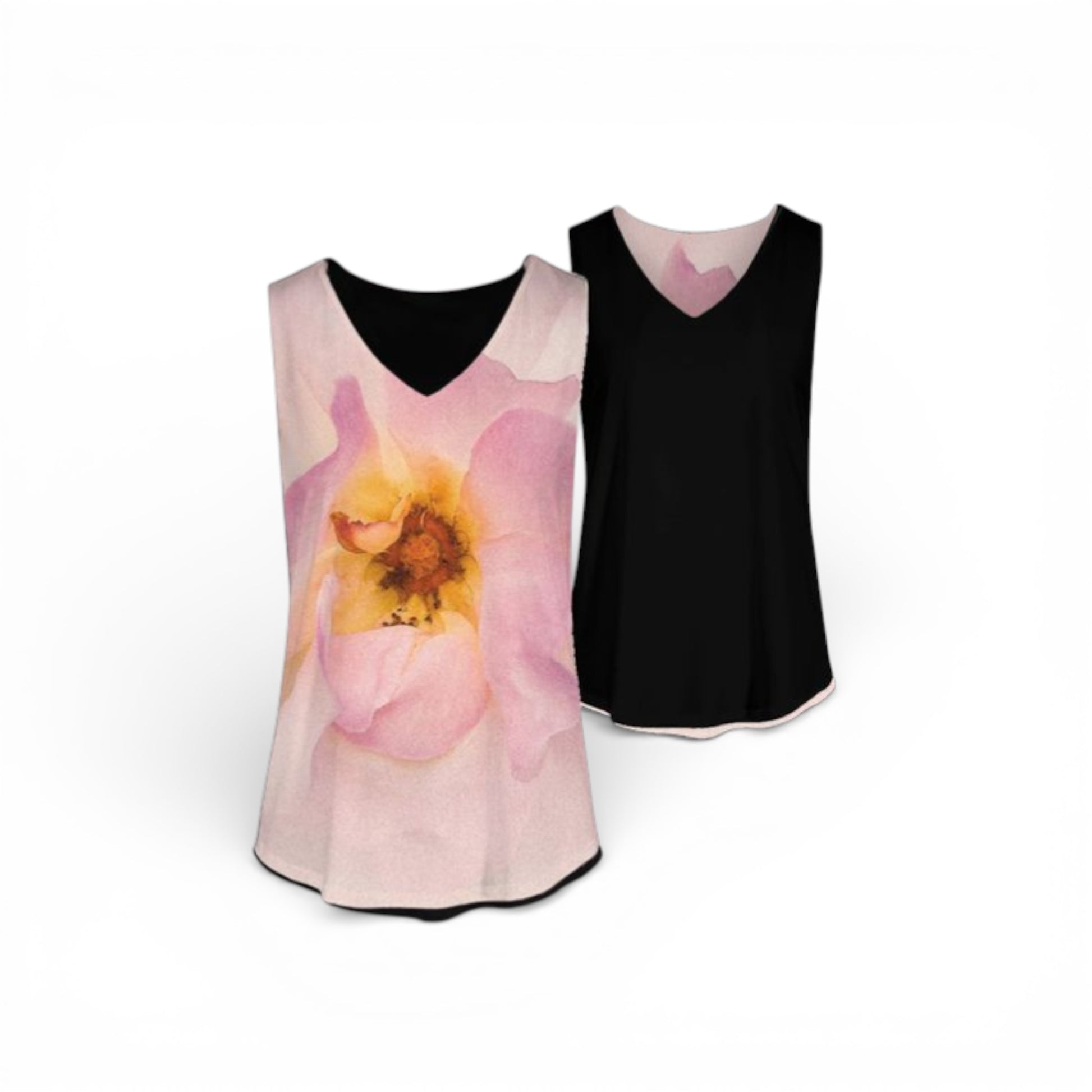Two tank tops, one with a floral design and one black, on a white background.