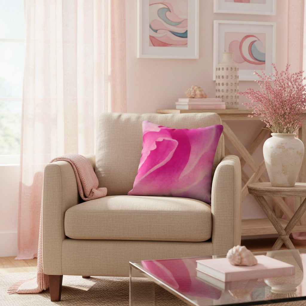 A beige upholstered armchair in a softly styled living room, featuring a square throw pillow with a vibrant pink and white abstract floral design. The scene includes a glass coffee table, a wooden side table with a vase of pink branches, and framed abstract wall art.