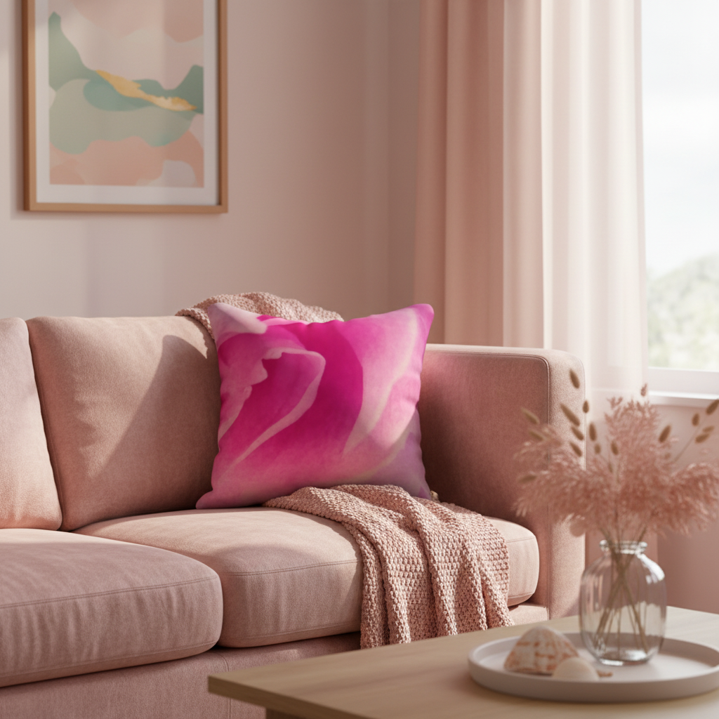A square throw pillow with a pink and magenta abstract floral pattern rests on a dusty pink sofa in a softly lit living room. A beige knit throw blanket, a wooden coffee table with a glass vase of dried grass, and a framed abstract print are visible in the background.