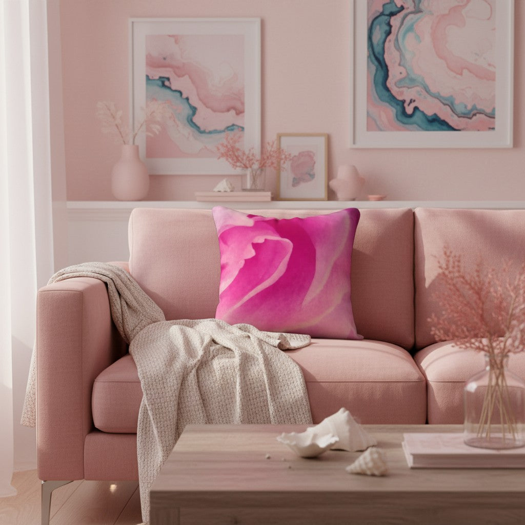 A pink floral throw pillow with a vibrant magenta and white abstract pattern rests on a dusty pink sofa in a beautifully styled living room with a wooden coffee table and pink wall art.