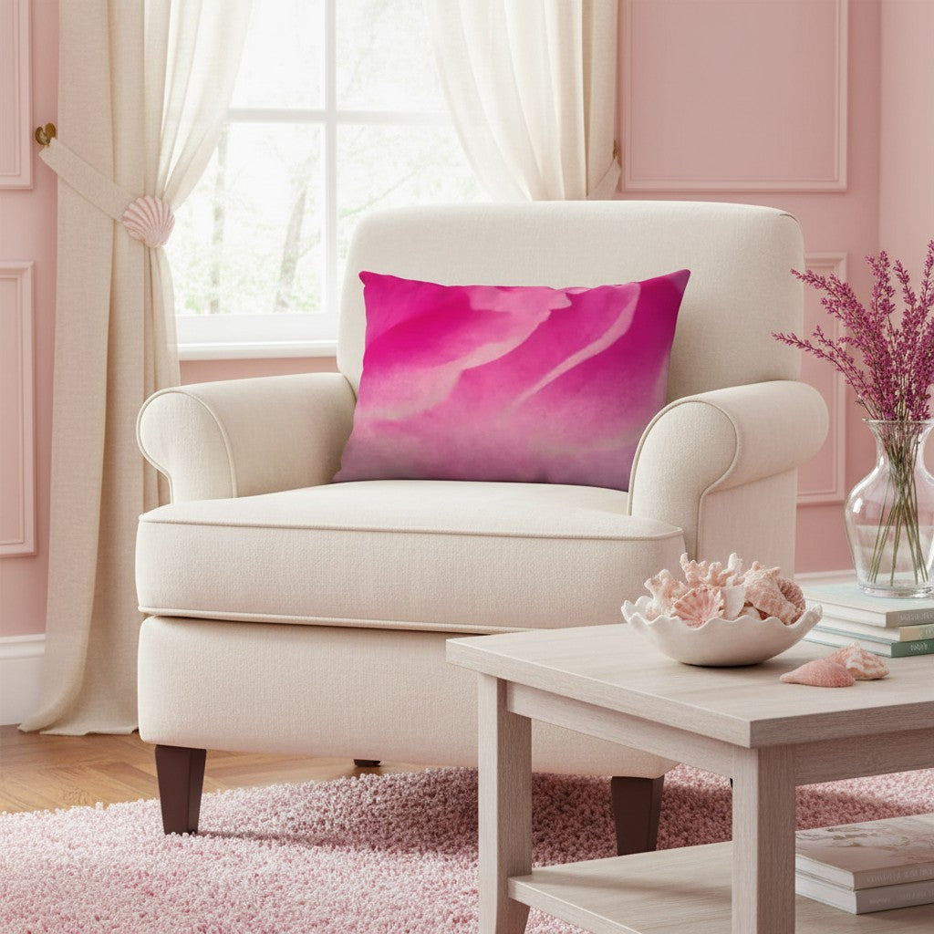 A square throw pillow with a pink and magenta watercolor-style abstract pattern rests on a cream upholstered armchair in a softly styled pink room with a side table and vase of flowers.