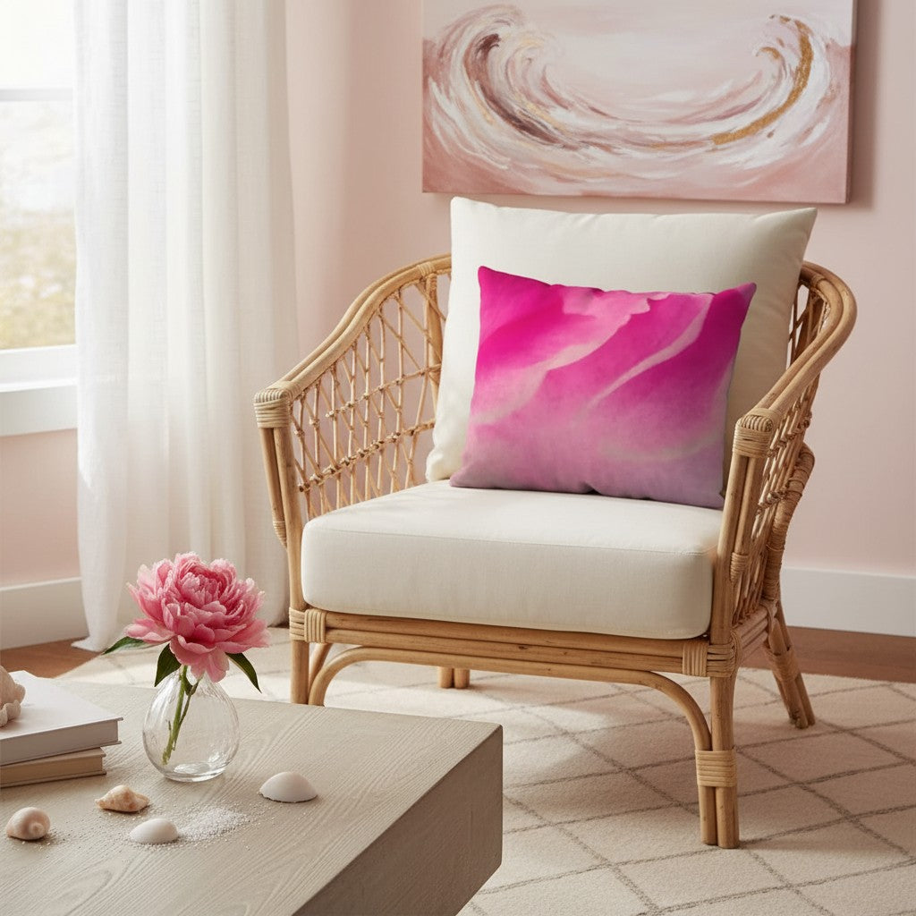 A square throw pillow with a vibrant pink and purple marble pattern is styled on a cream cushion of a wicker armchair in a bright, modern living room setting.