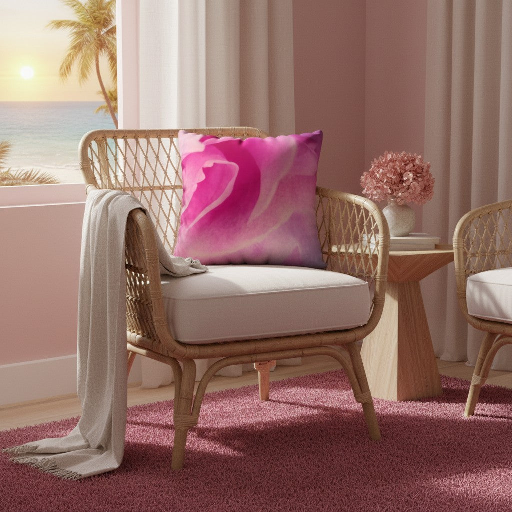 A woven rattan armchair in a tropical beach room setting, styled with a white cushion and a vibrant pink and purple abstract floral throw pillow. A cream throw blanket is draped over the arm, and a small wooden side table with pink flowers sits nearby.