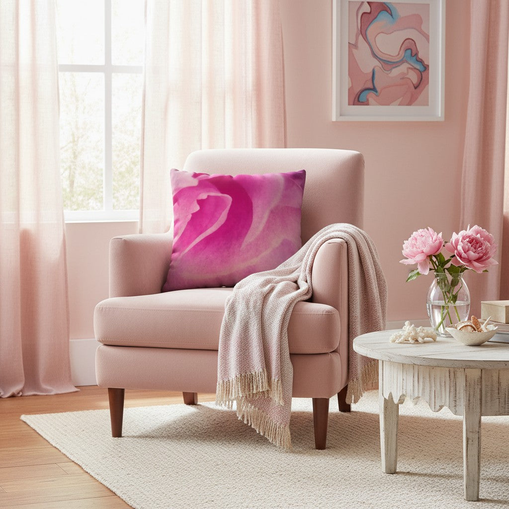 A pink armchair in a softly styled room, featuring a square throw pillow with a bold magenta and pink floral pattern, a draped cream throw blanket, and a small round side table with flowers nearby.