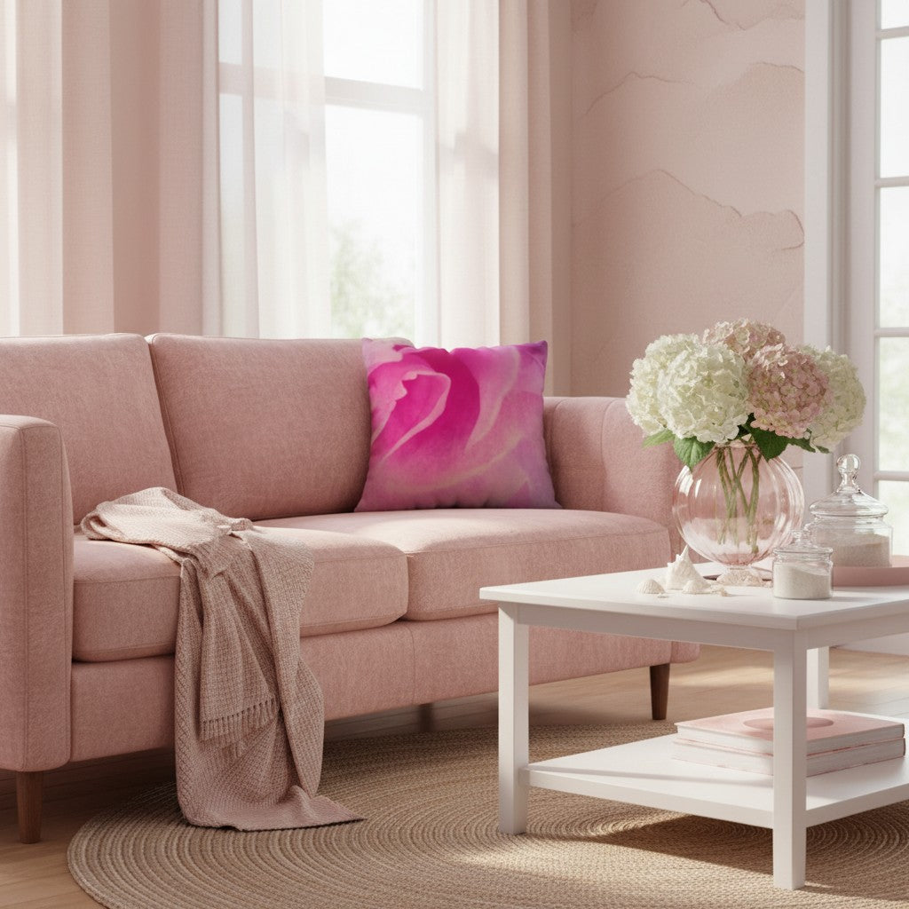 A pink upholstered sofa in a softly lit living room, styled with a bright pink floral throw pillow, a draped beige throw blanket, and a white coffee table holding a glass vase of pale pink and white hydrangeas.
