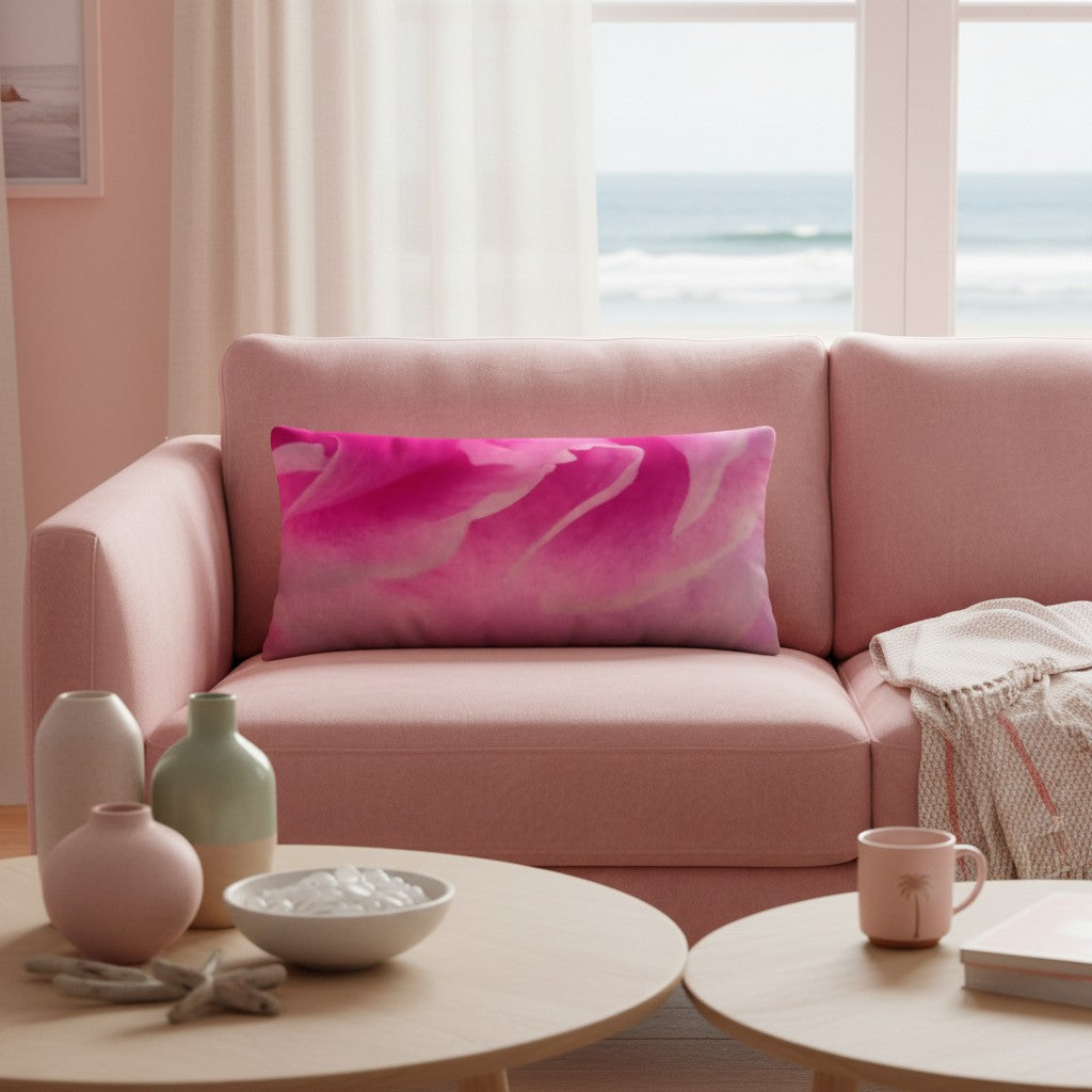 A rectangular throw pillow with a pink and magenta watercolor floral pattern rests on a light pink sofa in a bright, modern living room with an ocean view window behind it.
