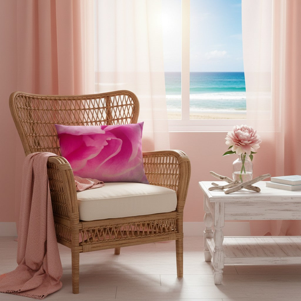 A pink floral throw pillow with a pink and purple watercolor rose design, resting on a wicker armchair in a coastal-themed room with a view of the ocean.