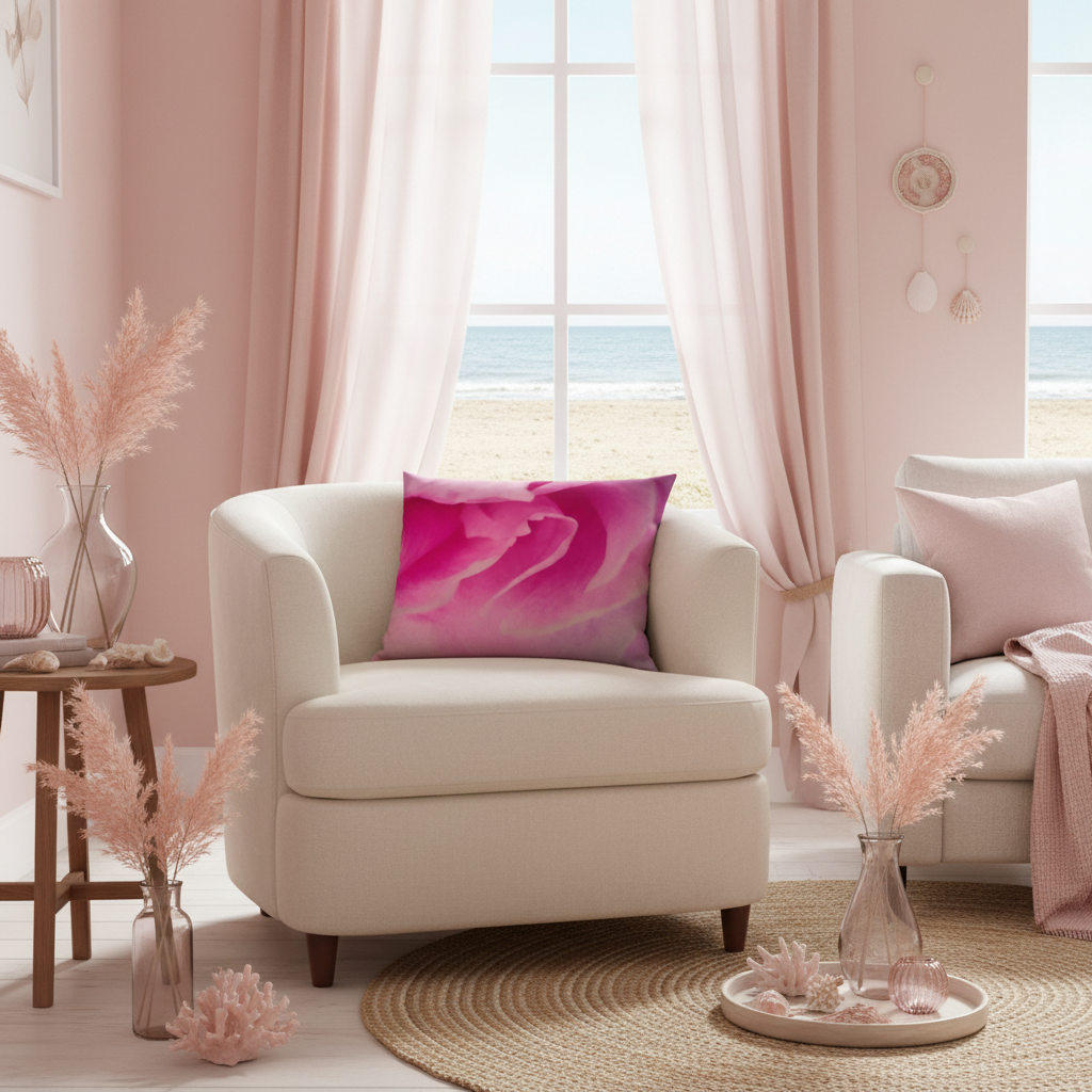A pink floral throw pillow displayed on a cream-colored armchair in a beautifully styled beach-themed living room with pink walls, curtains, and a view of the ocean.