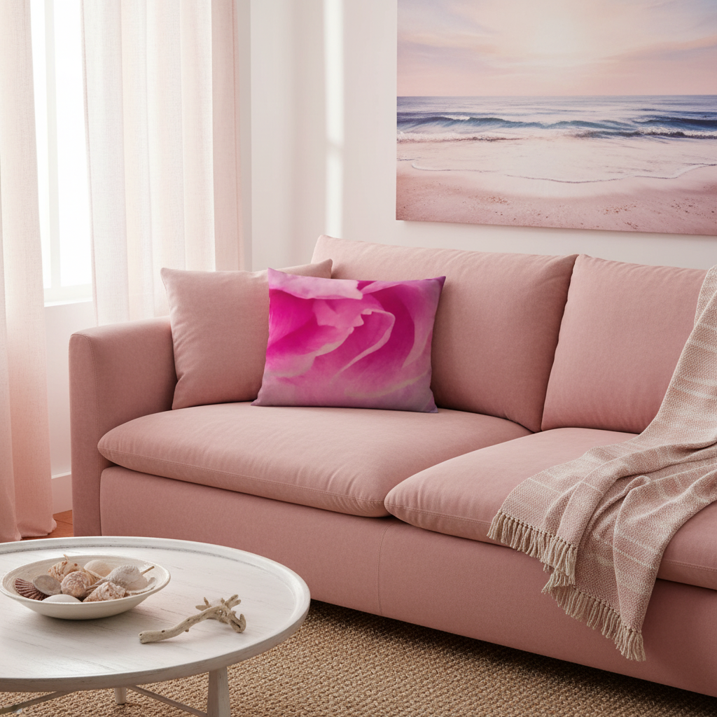 A pink sofa in a bright living room with a pink floral throw pillow, a beige fringed throw blanket, a white coffee table, and a beach print wall hanging.