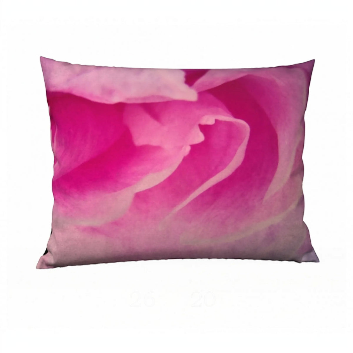A rectangular throw pillow featuring a close-up pink rose print, shown against a plain white background.