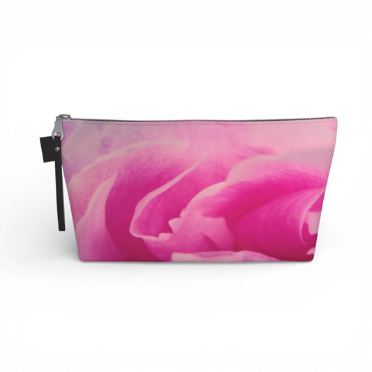 Pouch with a pink rose design on a white background