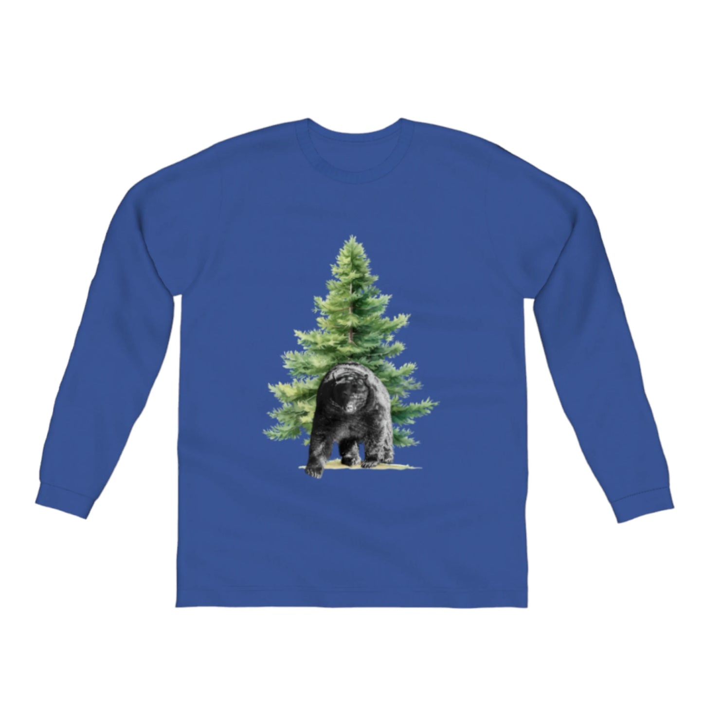 Observant Bear Comfort Long Sleeve Unisex T-shirt. the picture on the front of the shirt is of a bear standing in front of a tree.  by van isle goddess dot com