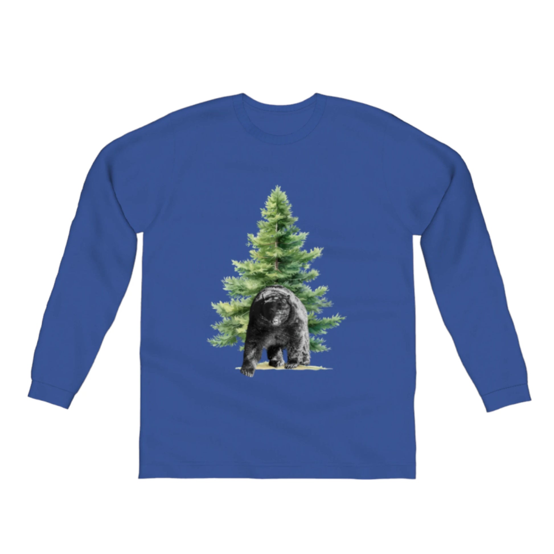 Observant Bear Comfort Long Sleeve Unisex T-shirt. the picture on the front of the shirt is of a bear standing in front of a tree.  by van isle goddess dot com