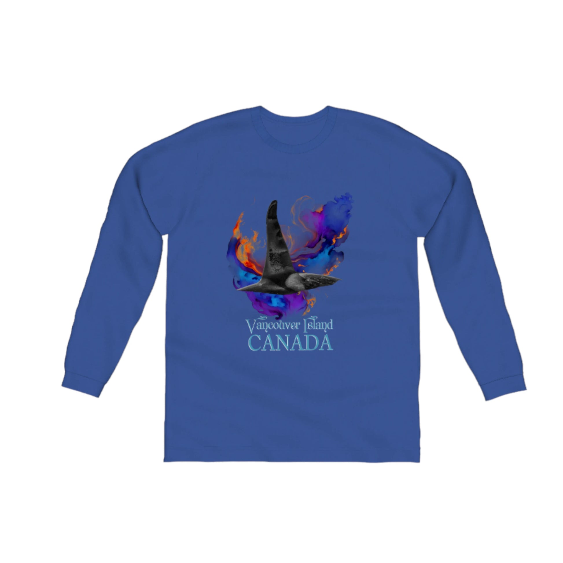 Orca Aura Vancouver Island Canada Comfort Long Sleeve Unisex T-shirt.  the image on the front of the shirt is of a male orca dorsal fin with a colourful abstract background. by van isle goddess dot com