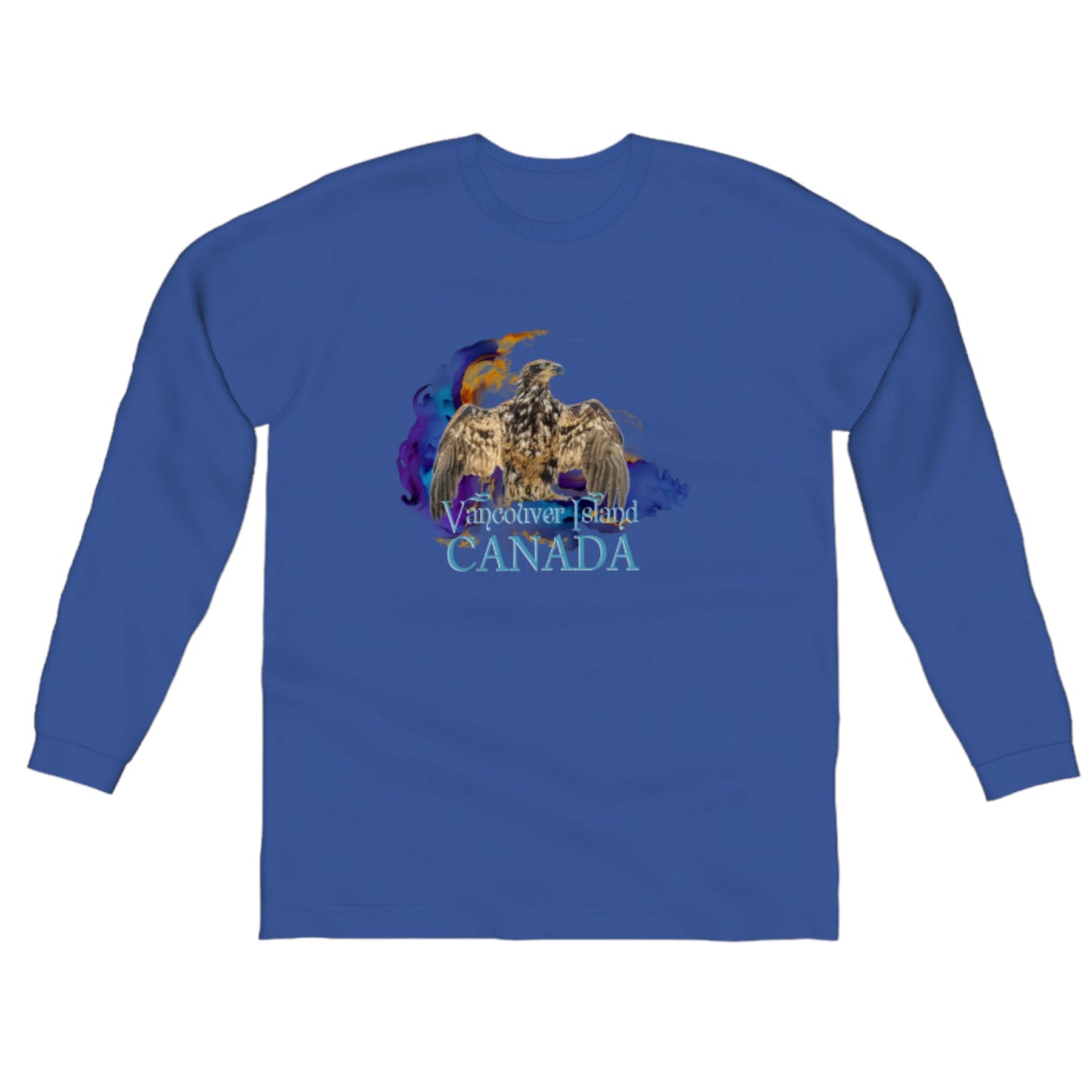 Thunderbird Vancouver Island Canada Comfort Long Sleeve Unisex T-shirt. the image on the front of the shirt is of an eagle in the thunderbird position.  A colorful abstract is behind the eagle. by van isle goddess dot com