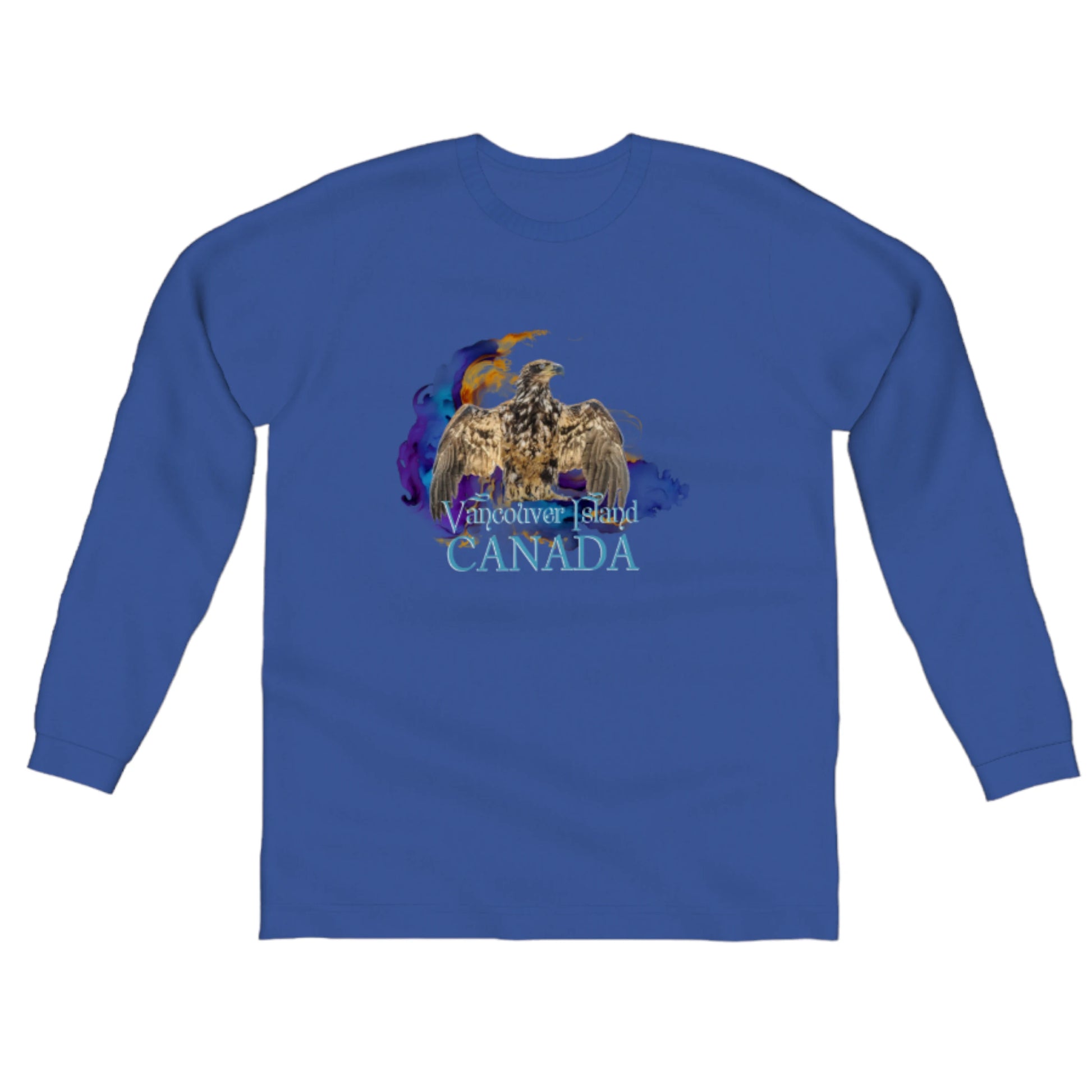 Thunderbird Vancouver Island Canada Comfort Long Sleeve Unisex T-shirt. the image on the front of the shirt is of an eagle in the thunderbird position.  A colorful abstract is behind the eagle. by van isle goddess dot com