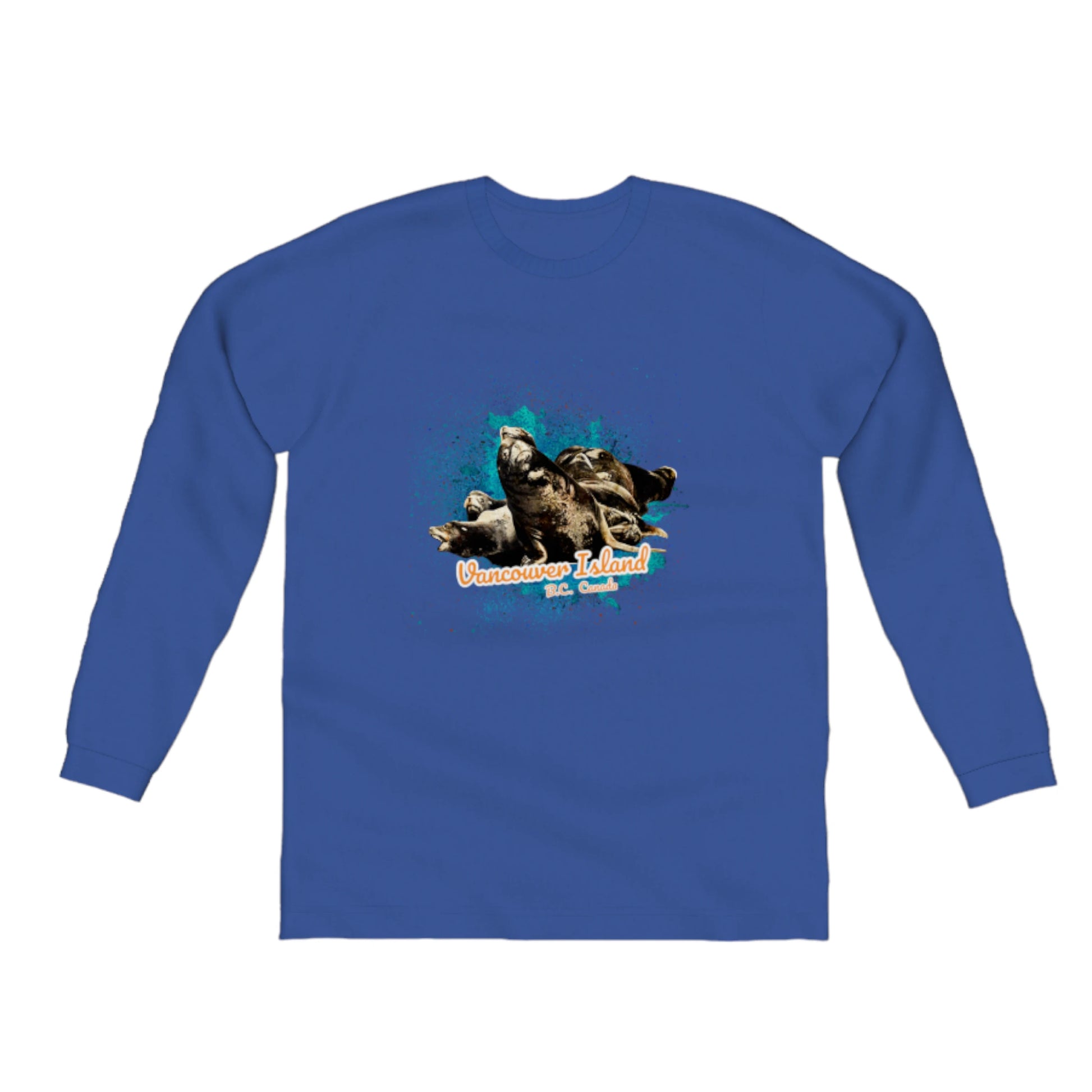 What's Up? Sea Lions Vancouver Island BC Canada Comfort Long Sleeve Unisex T-Shirt. The image on the front of the shirt is of a group of curious sea lions on a log raft. by van isle goddess dot com