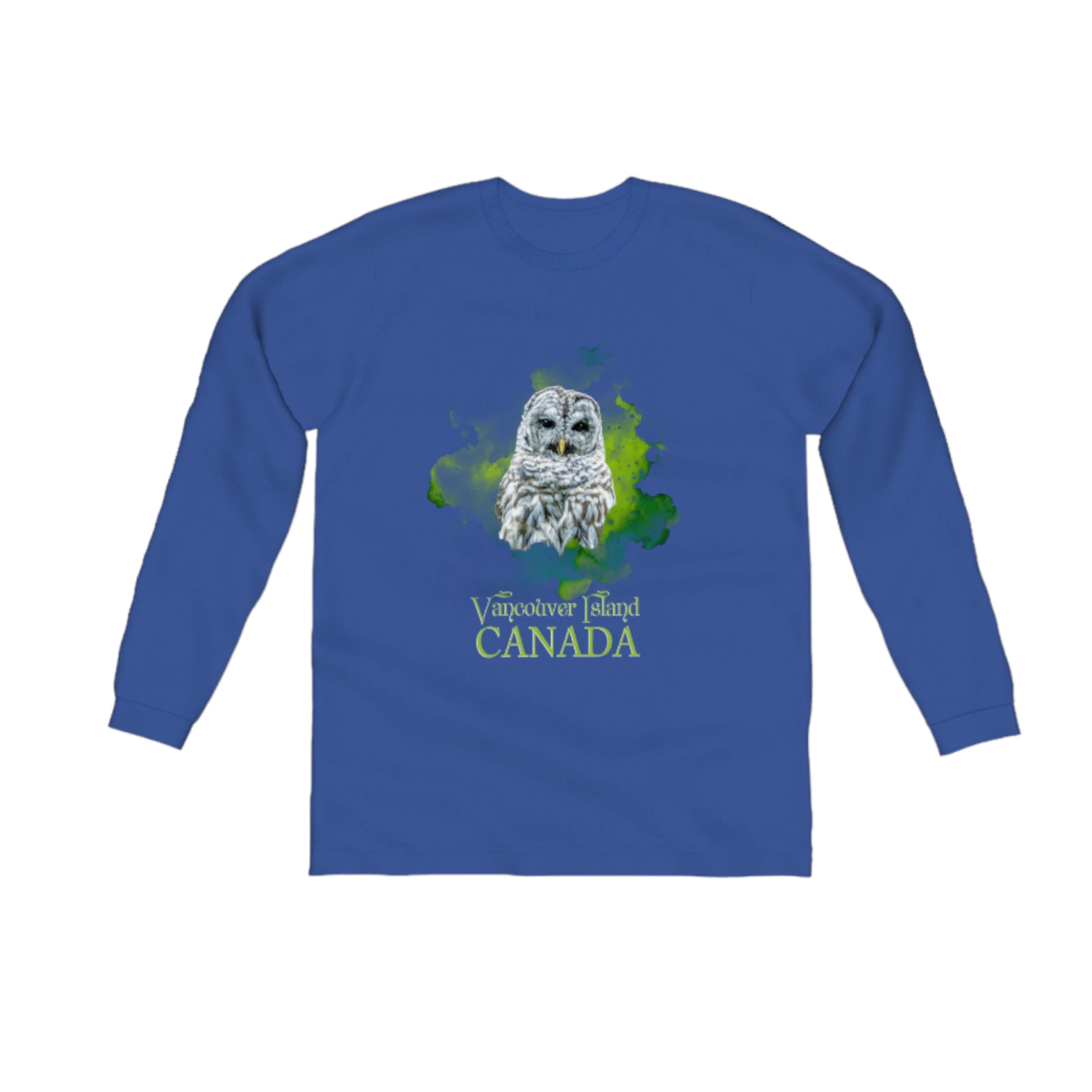 Wise Owl Vancouver Island Canada Comfort Long Sleeve Unisex T-shirt. The image on the front of the shirt is of a barred owl with a green abstract of colours behind it.  the words on the t shirt read Vancouver Island Canada in green.  by van isle goddess dot com