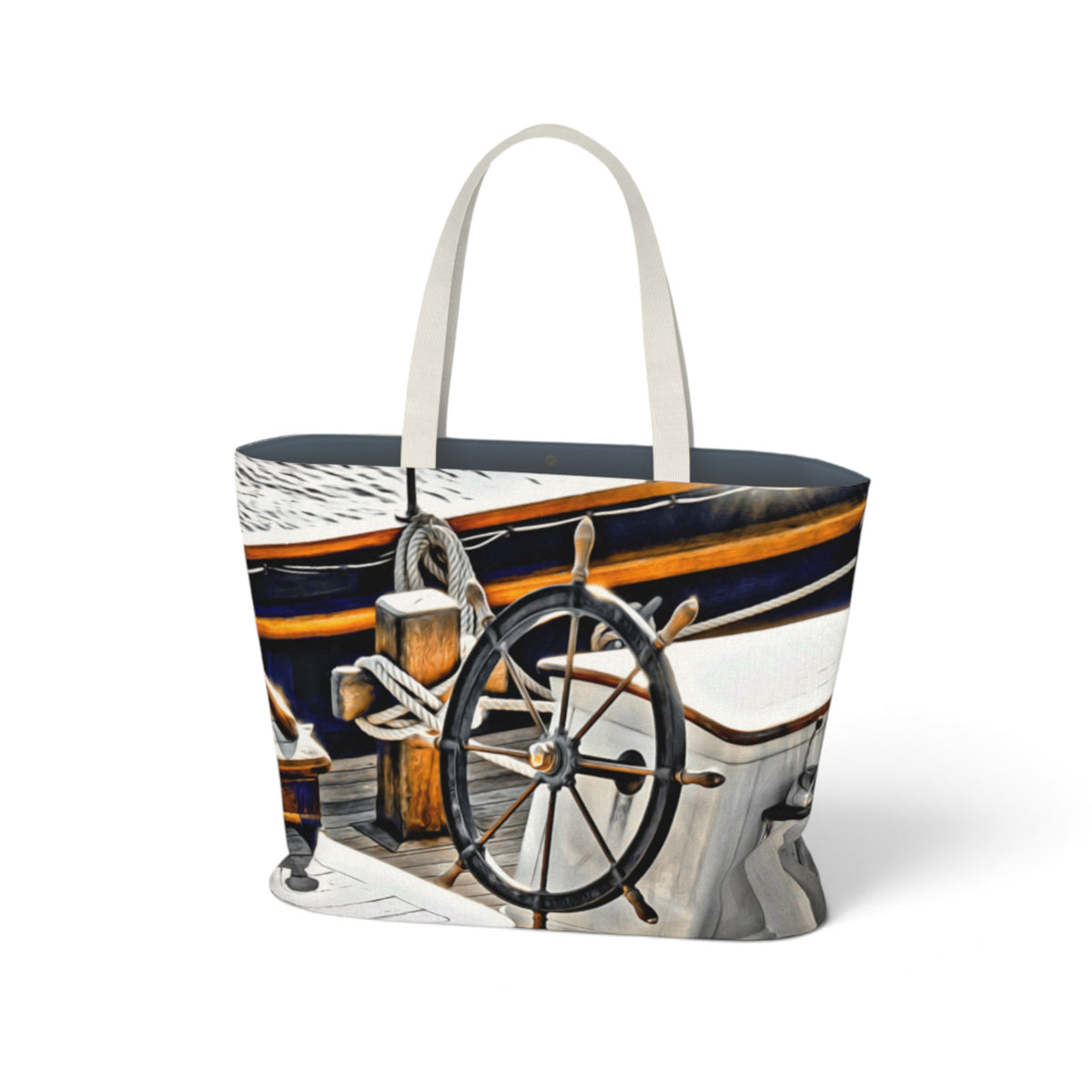 A tote bag featuring a printed nautical scene with a ship's wheel, ropes, and a striped boat deck in navy, white, and orange, with white fabric handles, shown on a white background.