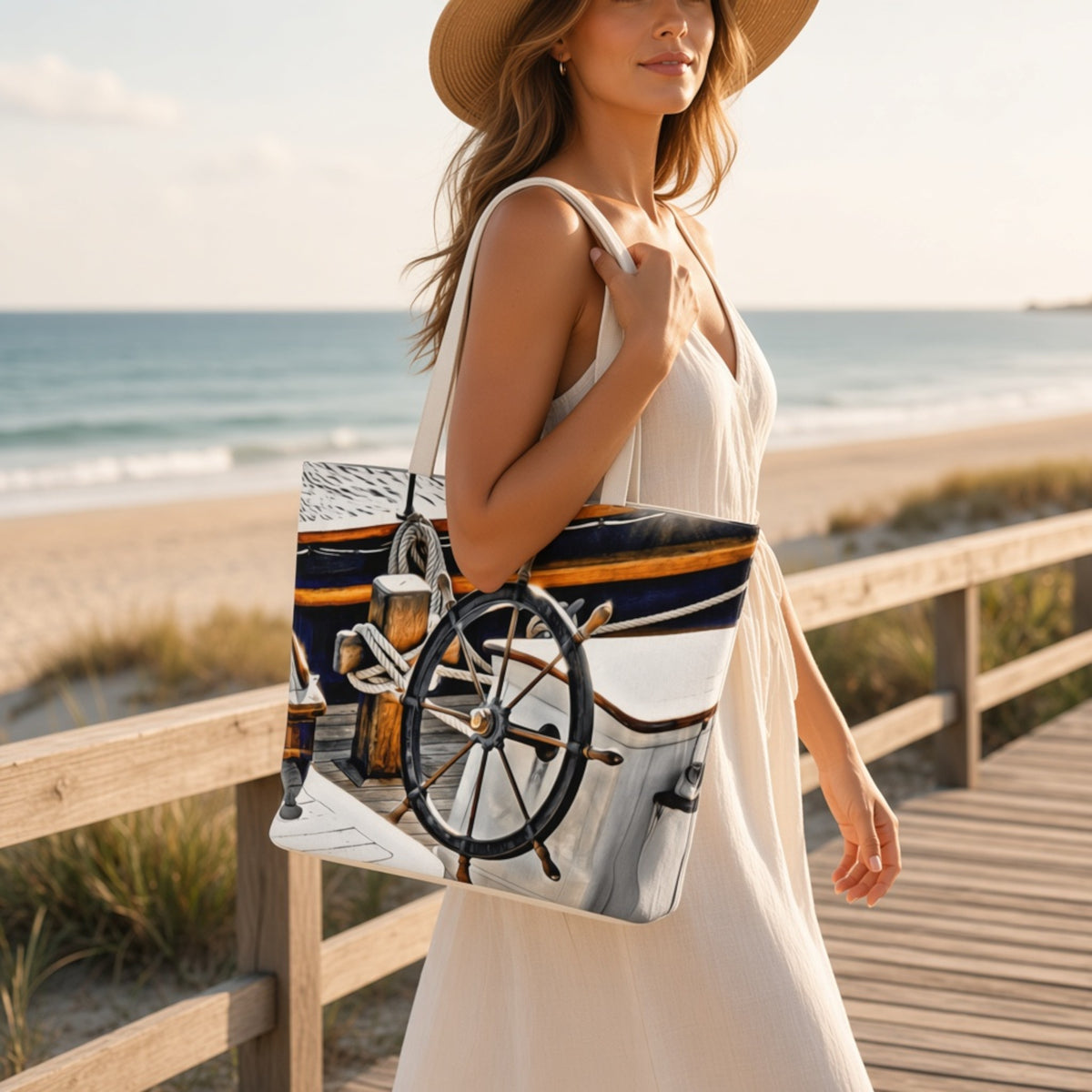 A woman in a cream dress and straw hat carries a large tote bag featuring a nautical ship wheel and rope print, set against a beach boardwalk background.