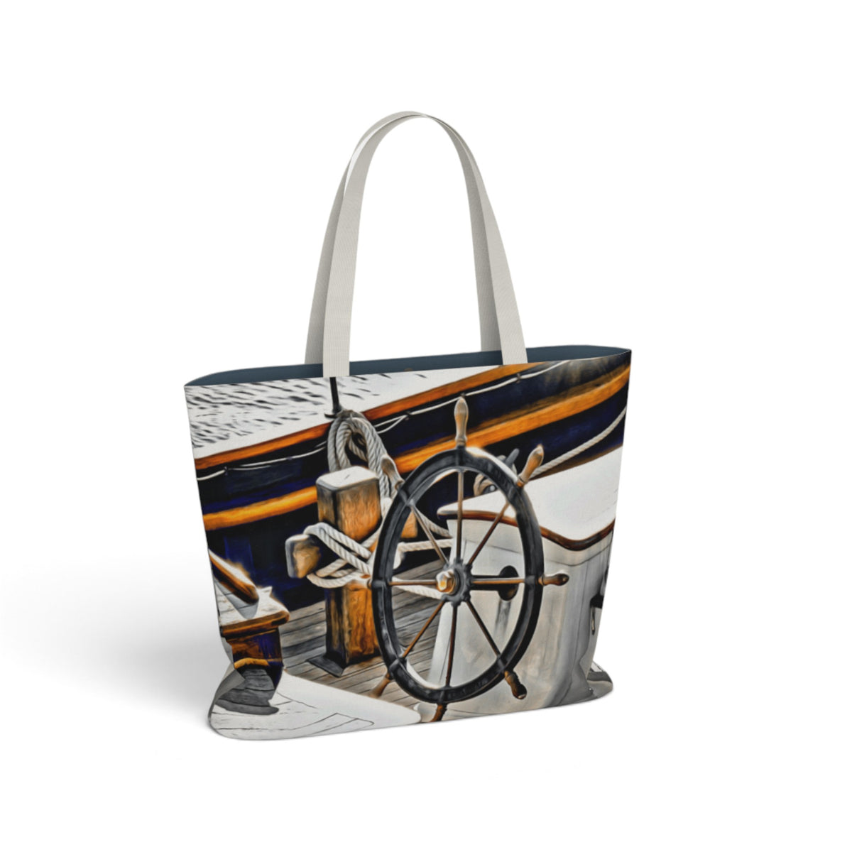 A tote bag featuring a printed nautical design of a ship's wheel and deck, with white shoulder straps, shown on a clean white background.