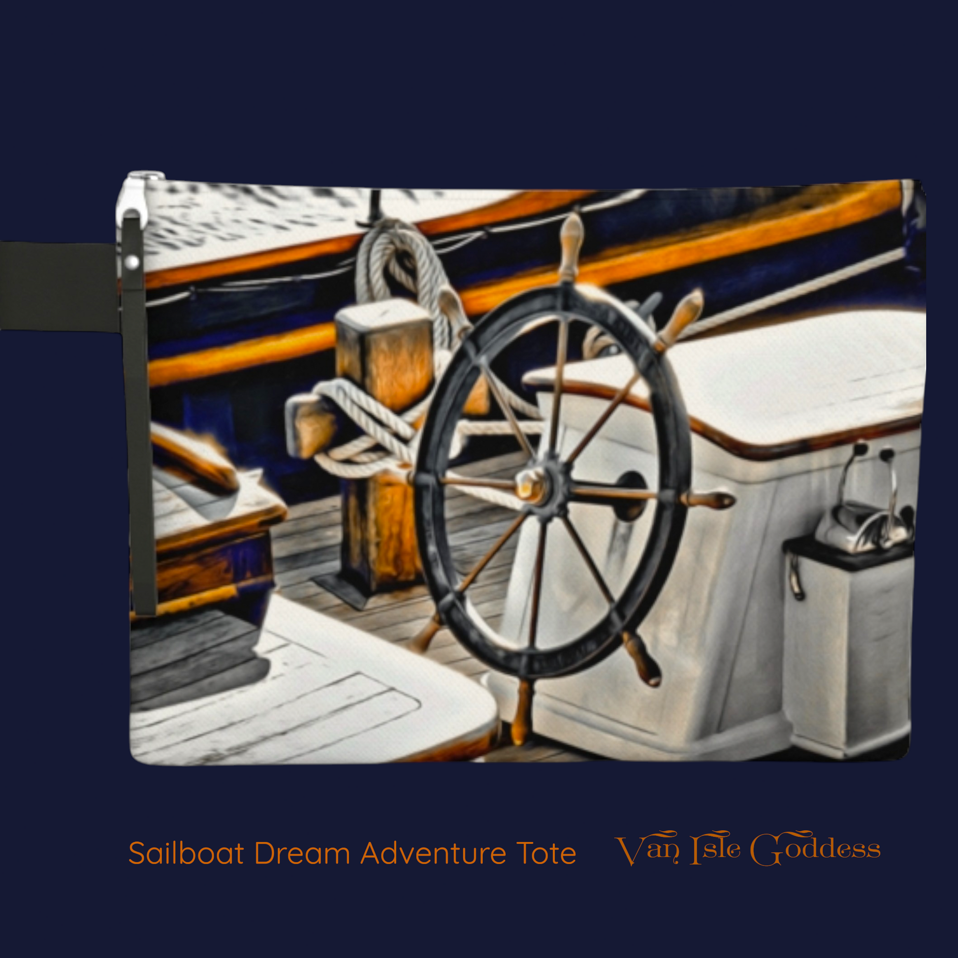 Sailboat-themed tote bag with steering wheel and ropes on a blue background