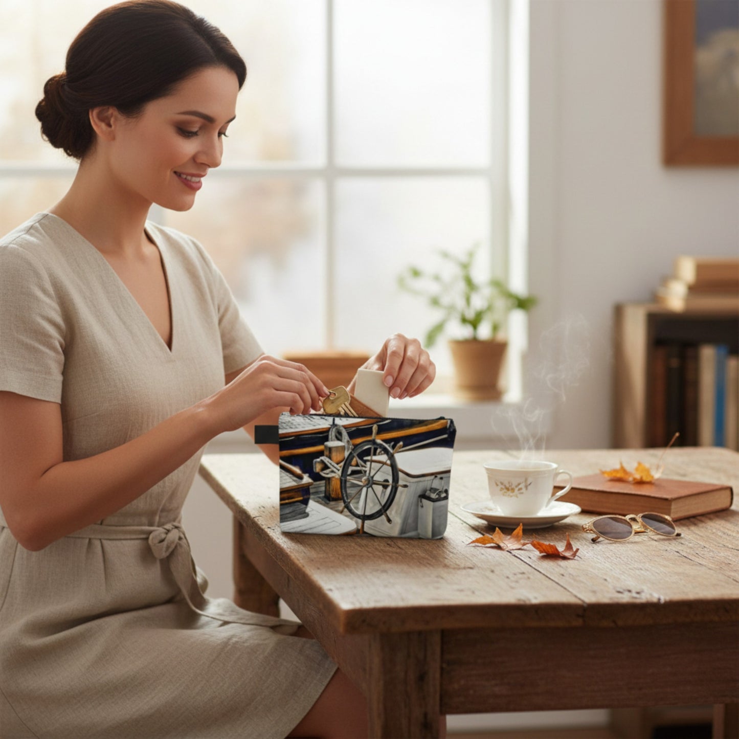 Woman organizing her keys, business cards into her new Sailboat Dream Adventure tote.