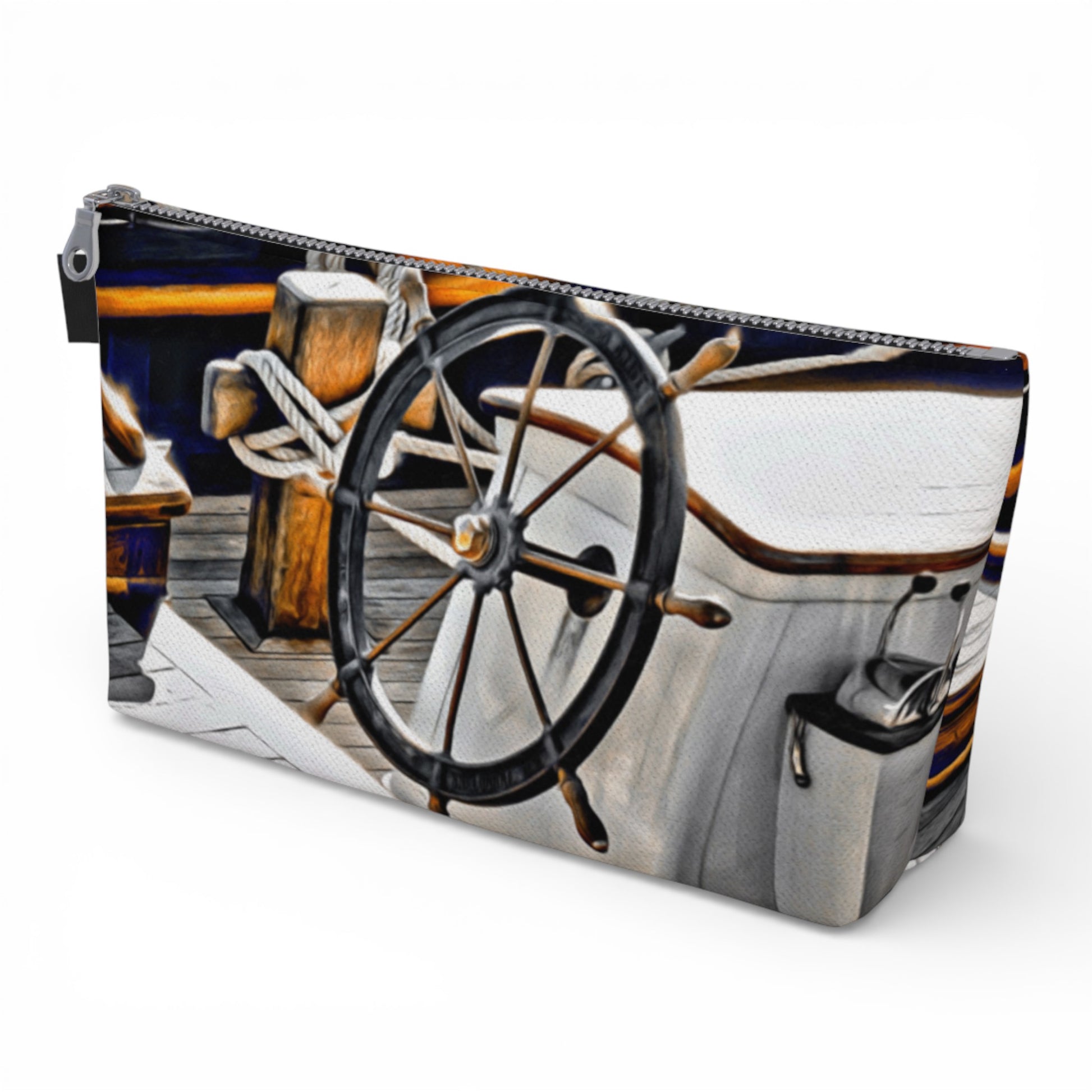 Pouch with a ship's wheel and deck design on a white background
